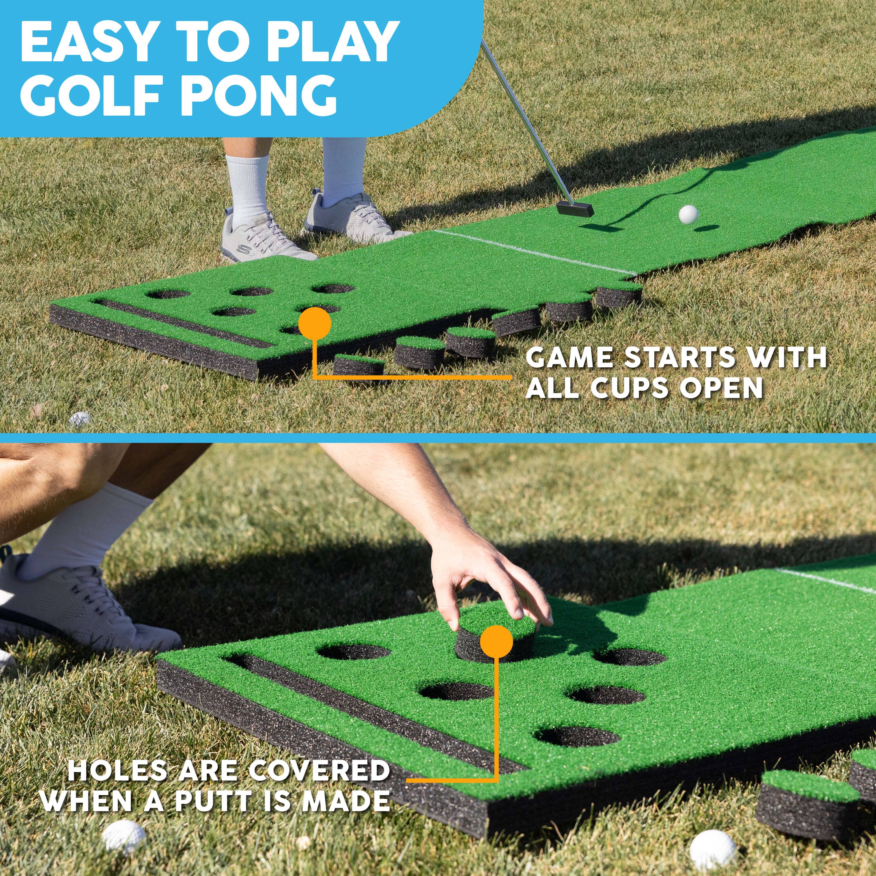 Easy to Play Golf Pong: Game starts with all cups open. Holes are covered when a putt is made.