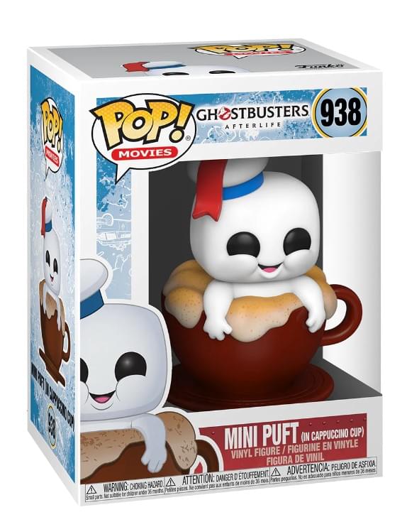 **Front:**
- POP! MOVIES
- GHOSTBUSTERS AFTERLIFE
- 938
- MINI PUF (IN CAPPUCCINO CUP)
- VINYL FIGURE / FIGURINE EN VINYLE / FIGURA DE VINIL

**Side:**
- WARNING: CHOKING HAZARD - Small parts. Not for children under 3 years.
- ATTENTION: DANGER D'ÉTOUFFEMENT - Petites pièces. Ne convient pas aux enfants de moins de 3 ans.
- ADVERTENCIA: PEORIGRO DE ASFIXIA - Piezas pequeñas. No es adecuado para menores de 3 años.

**Bottom:**
- MINI PUF (IN CAPPUCCINO CUP)
- VINYL FIGURE / FIGURINE EN VINYLE / FIGURA DE VINIL