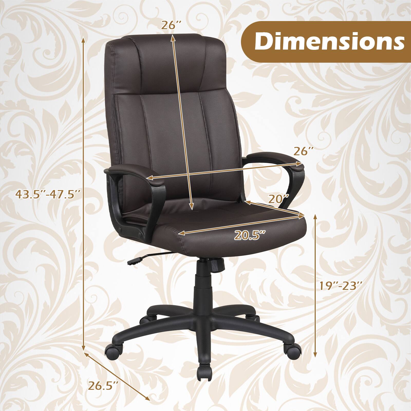 Dimensions
26"
43.5"-47.5"
20"
20.5"
19"-23"
26.5"