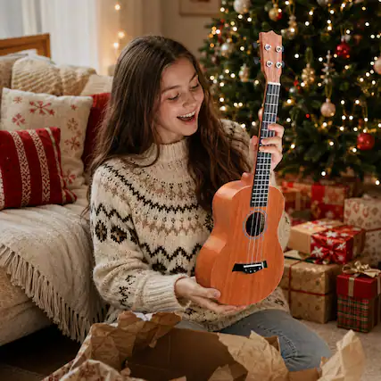Front. Winado - 23" Mahogany 4-String Soprano Ukulele Kit Includes Gig Bag, Strap, Picks, Strings and Cleaning Cloth - Natural.