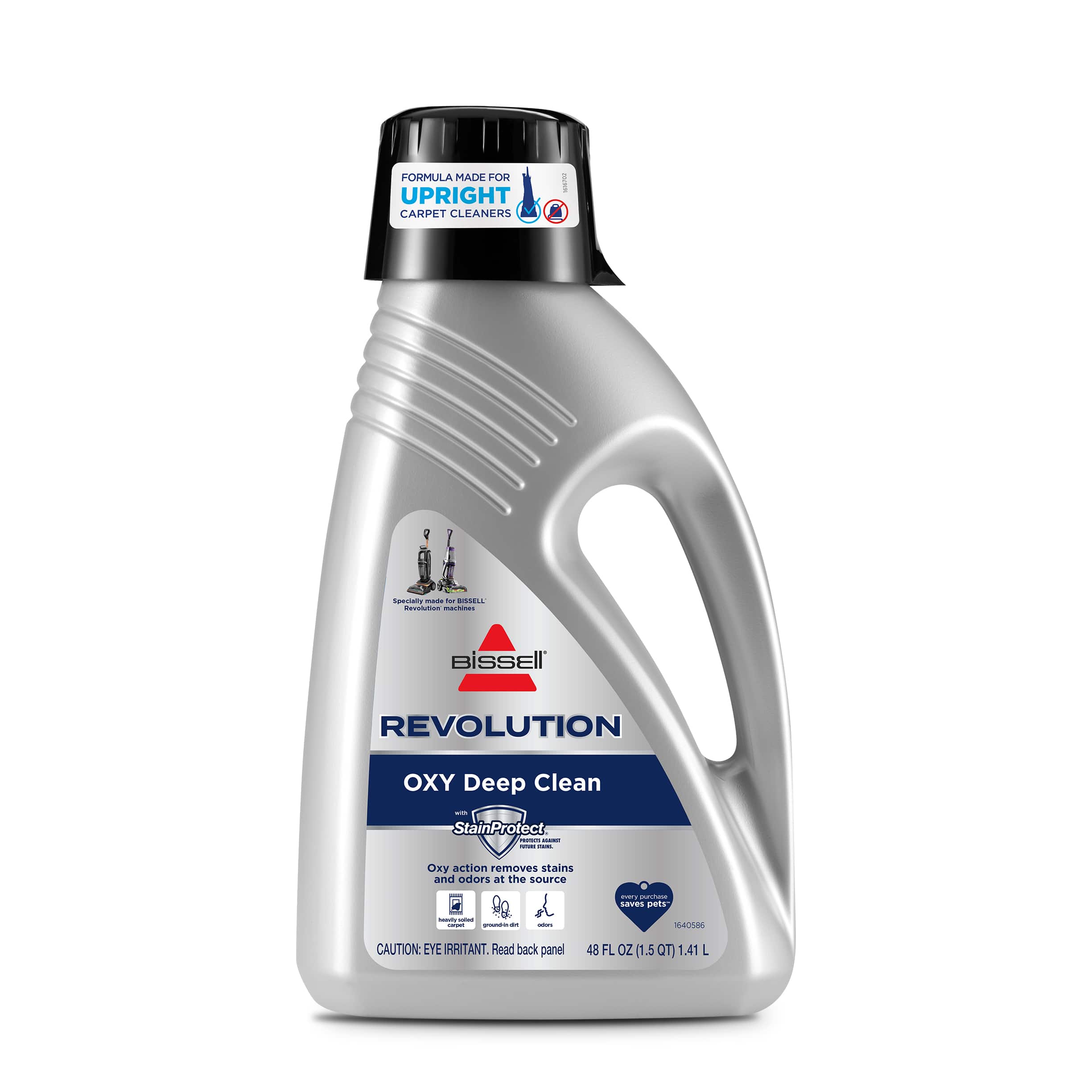 The text on the image reads: "Bissell Revolution OXY Deep Clean - StainProtect - OKY action removes stains and odors at the source - 1405M6 - CAUTION: EYE IRRITANT - Read back panel - 48 FL Oz (1.5 QT) - 1.41 L."