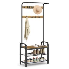 Songmics Home - Coat Rack, Hall Tree with Shoe Bench for Entryway, Entryway Bench with Coat Rack, 4-in-1, with 9 Removable Hooks - Honey Brown and Black
