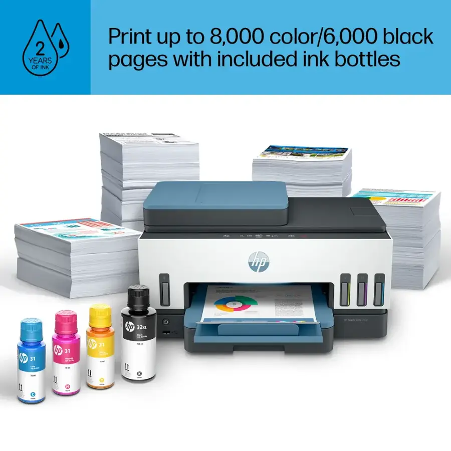 2 YEARS OF INK Print up to 8,000 color/6,000 black pages with included ink bottles SWFE: t: hp | - - e - : en E7 thp 31 : . - - I : It - 7 p 31 : I I :  A  Rp 31 : - - - 11 p 32xL - - 1 11 . t - - -a - A