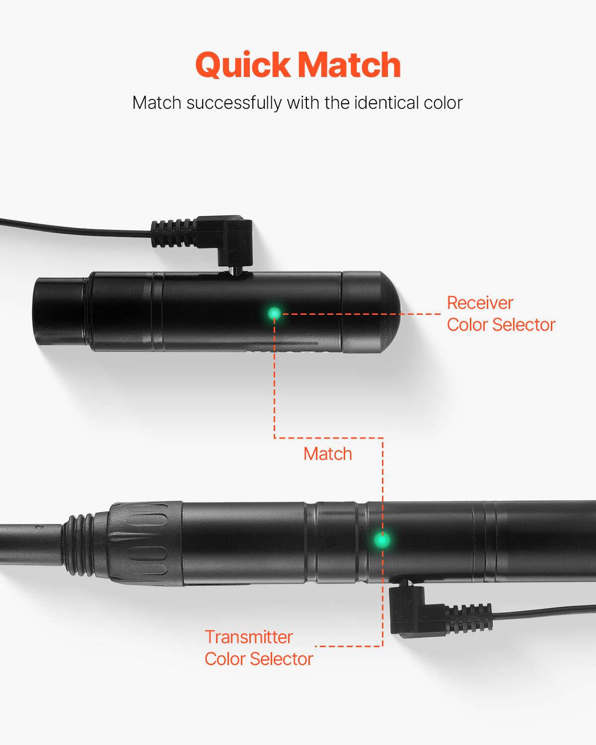 Quick Match  
Match successfully with the identical color  

Receiver Color Selector  
Transmitter Color Selector  

Match