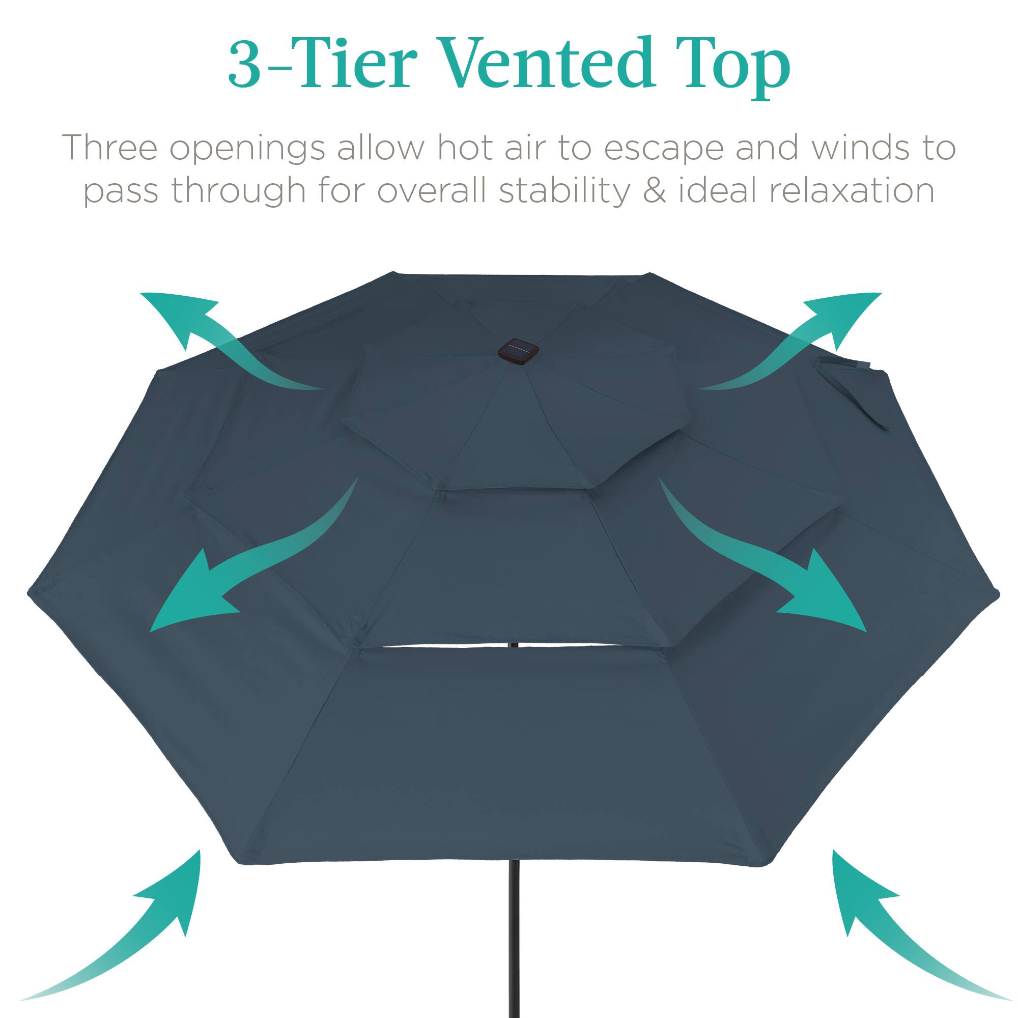 3-Tier Vented Top

Three openings allow hot air to escape and winds to pass through for overall stability & ideal relaxation.