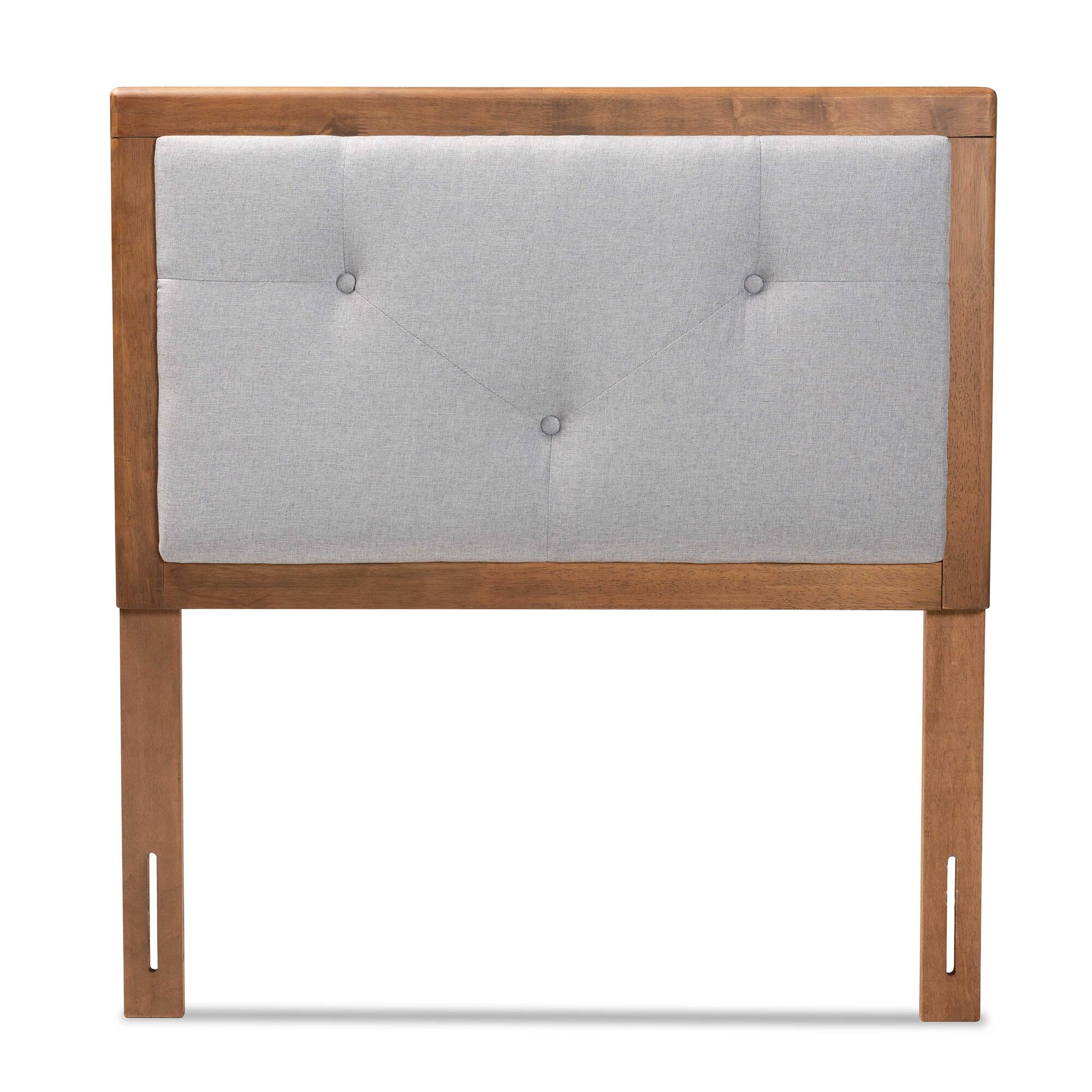 Angle. Baxton Studio - Abner Modern and Contemporary Transitional Fabric Upholstered and Finished Wood Twin Size Headboard - Light Grey/Walnut Brown.