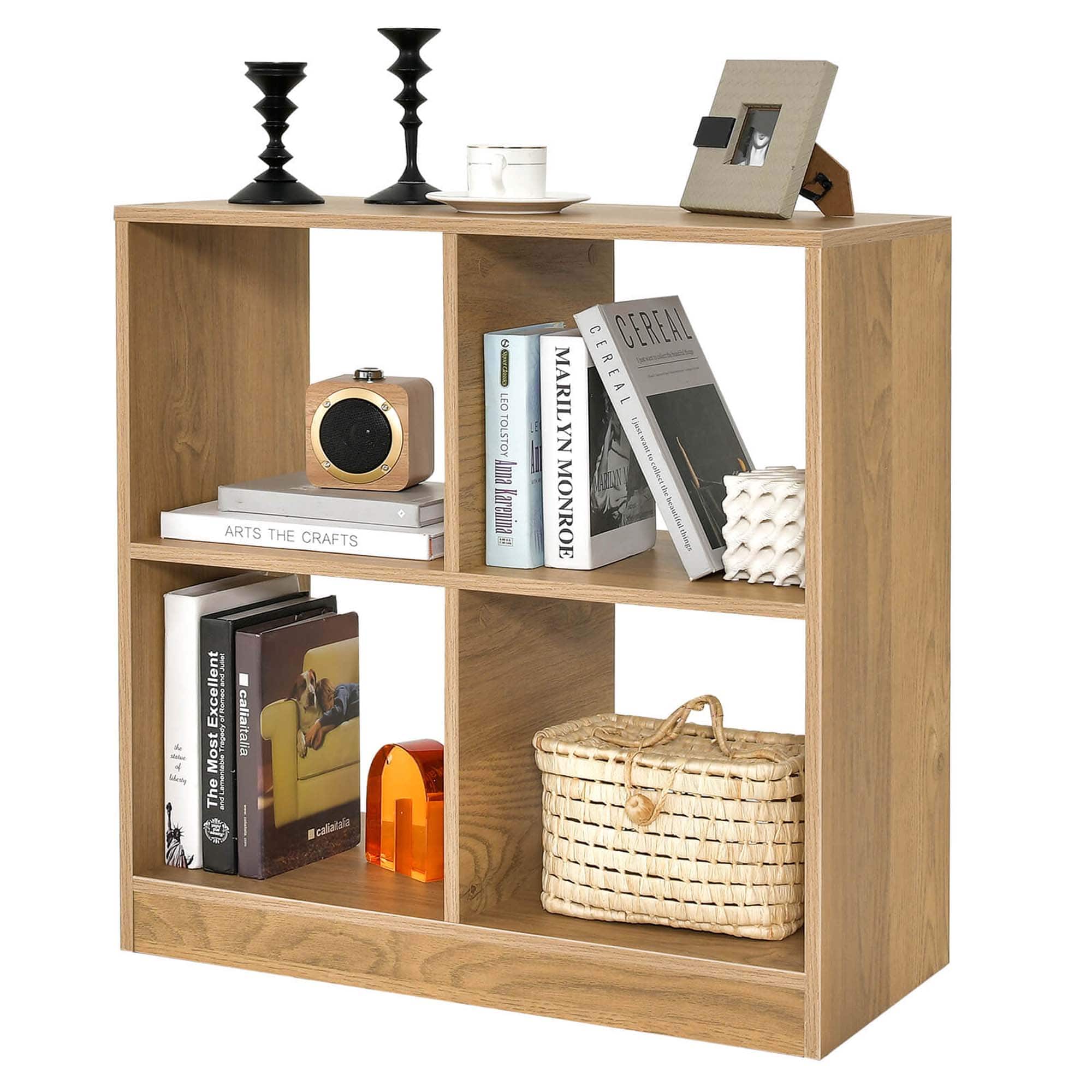 Costway - Kids Toy Storage Organizer 4-Cube Wooden Display Bookcase with Anti-toppling Device - Natural