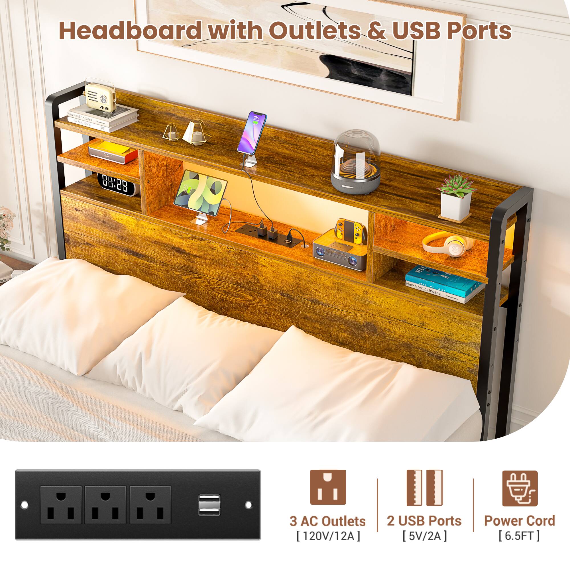 Headboard with Outlets & USB Ports

- 3 AC Outlets [120V/12A]
- 2 USB Ports [5V/2A]
- Power Cord [6.5FT]