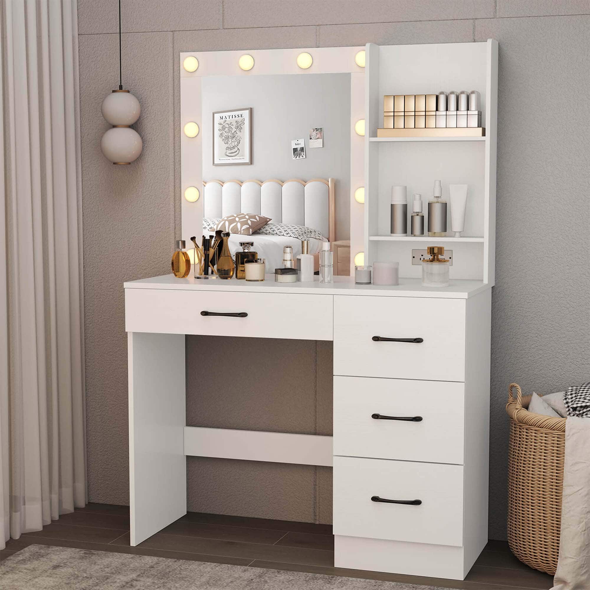 Front. Costway - Costway Makeup Vanity Desk with Mirror and Lights Charging Station 3-Color LED Lights White - White.