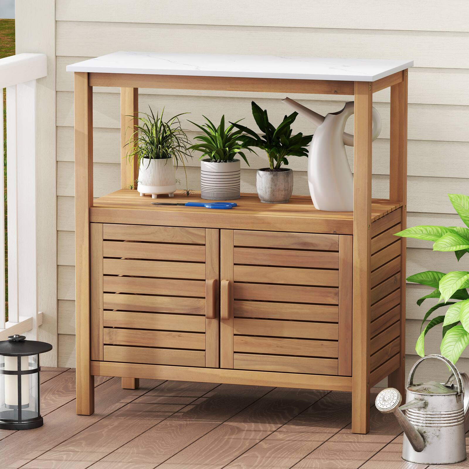 Alt View 8. Gymax - Gymax Outdoor Potting Bench w/ Resin Tabletop Storage Shelf & Cabinet Louvered Doors - Natural.