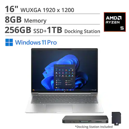 16" WUXGA 1920 x 1200
8GB Memory
256GB SSD + 1TB
AMD Ryzen 5
Windows 11 Pro
Docking Station Included