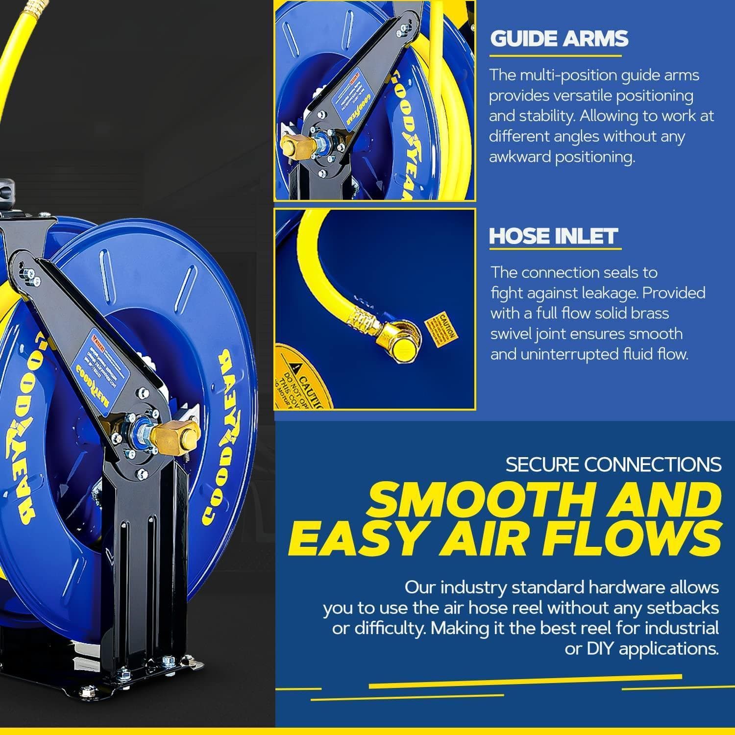 **GUIDE ARMS**  
The multi-position guide arms provides versatile positioning and stability. Allowing to work at different angles without any awkward positioning.

**HOSE INLET**  
The connection seals to fight against leakage. Provided with a full flow solid brass swivel joint ensures smooth and uninterrupted fluid flow.

**SECURE CONNECTIONS**  
**SMOOTH AND EASY AIR FLOWS**  
Our industry standard hardware allows you to use the air hose reel without any setbacks or difficulty. Making it the best reel for industrial or DIY applications.