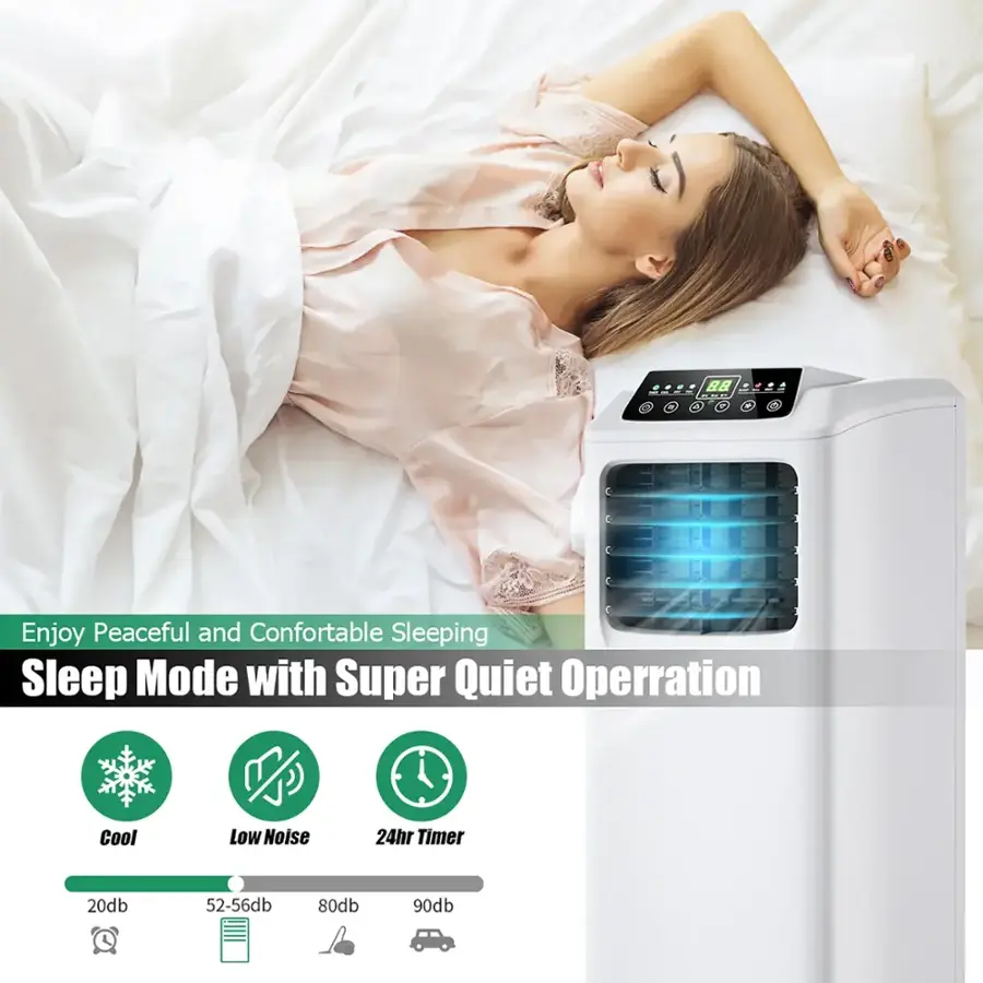 Enjoy peaceful and comfortable sleeping with our sleep mode featuring super quiet operation. This sleep mode also includes cool, low noise, and a 24-hour timer. The noise levels range from 20db to 90db, making it suitable for various sleeping preferences.