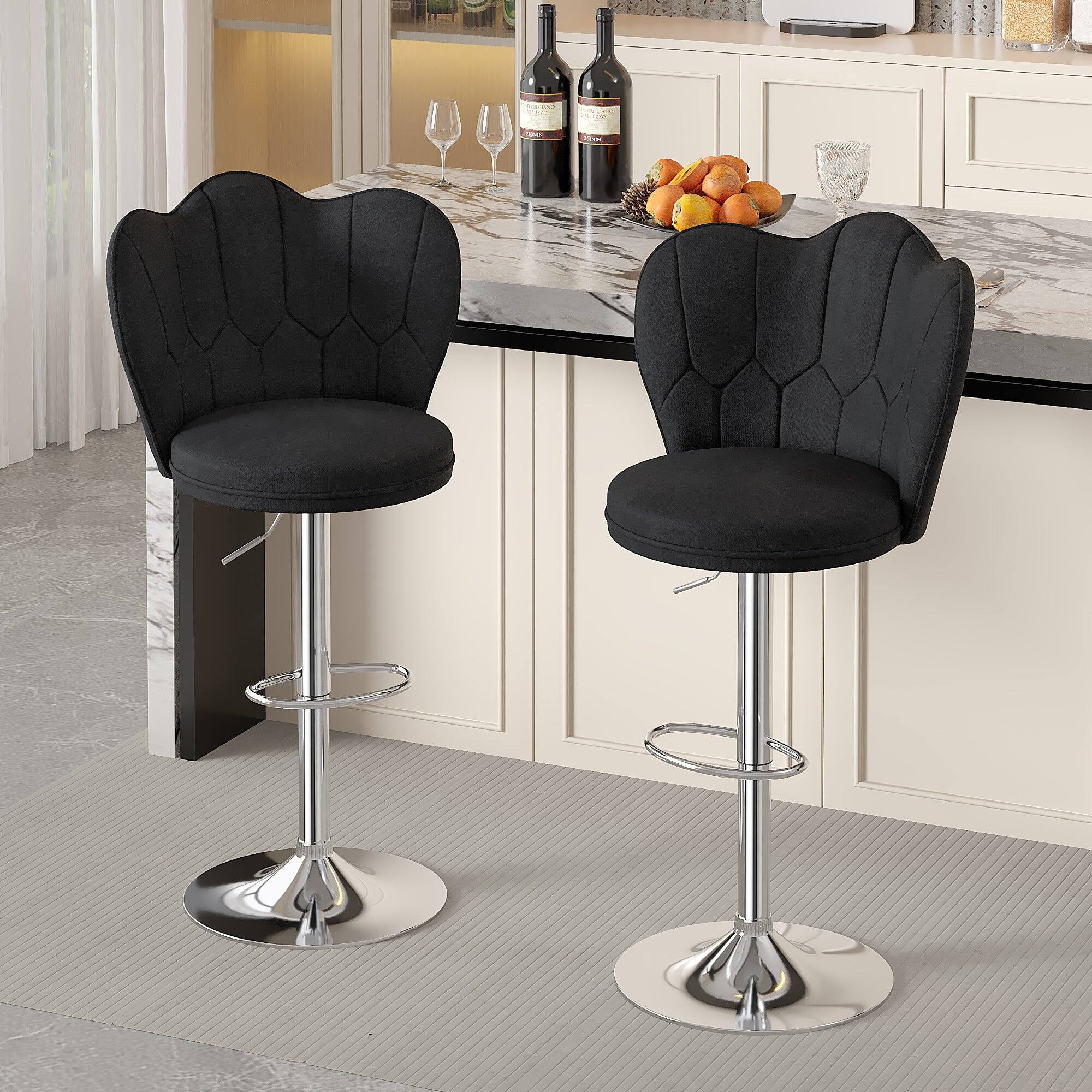 Left. Vecelo - Set of 2 Velvet Bar Stools with Adjustable Height - 360° Swivel, 330lb Capacity & Cloud Backrest for Kitchen Island - Black.