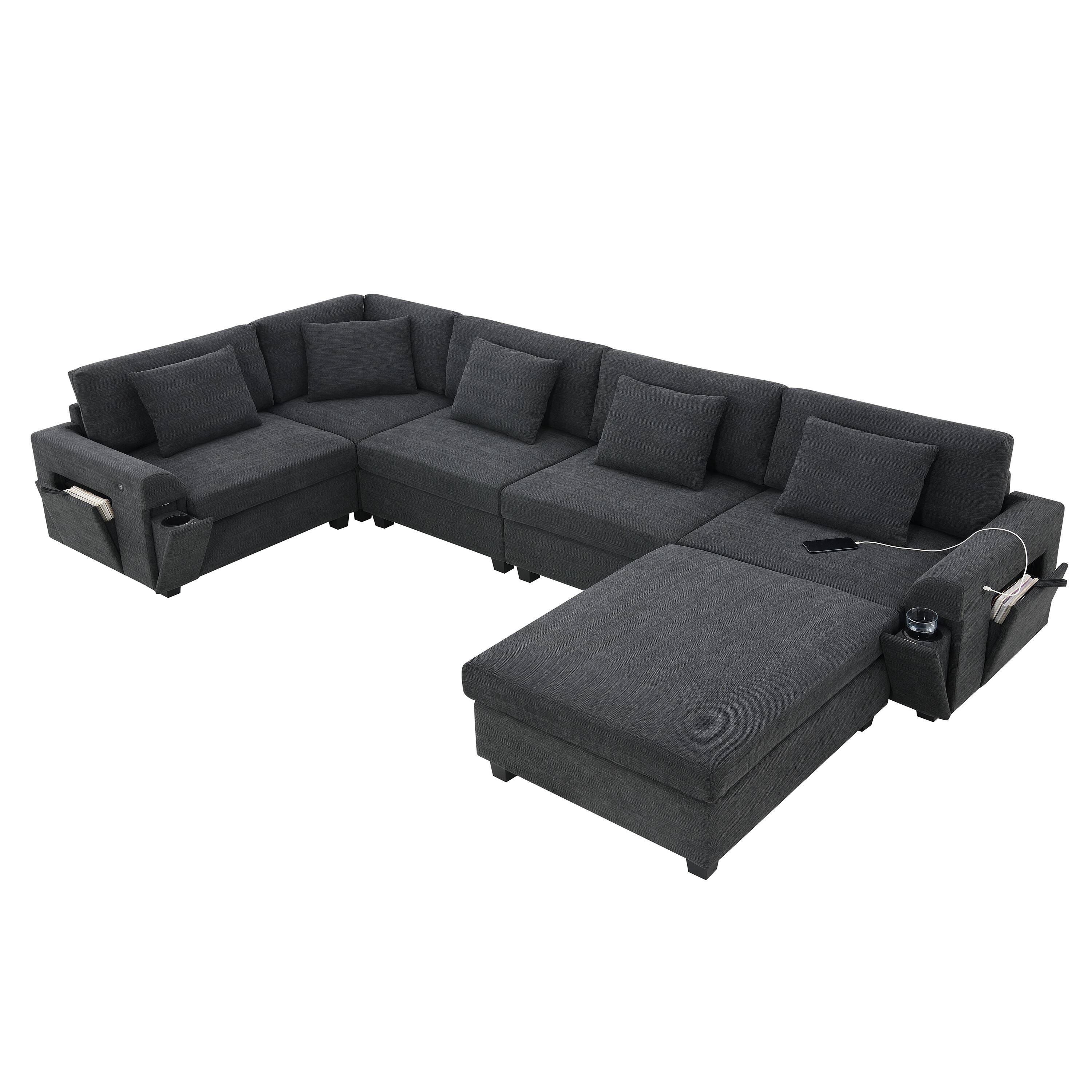 Angle. Whisen - 128" U-Shaped Chenille Sectional Sofa with USB Charging Ports &Ottoman for Living Room - Black.