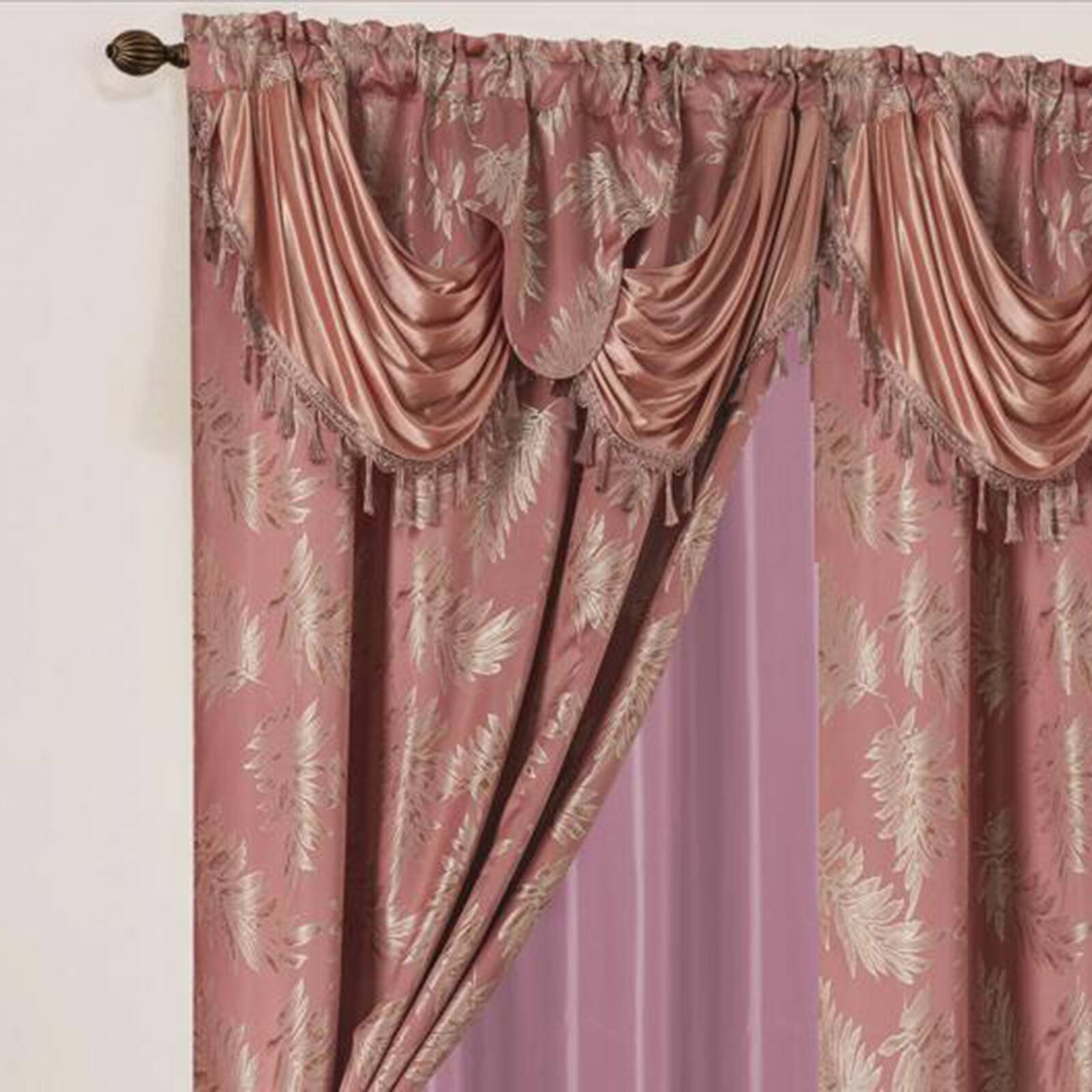 Angle. Olivia Gray - Olivia Gray Palm Floral Textured Jacquard 54 x 84 in. Single Rod Pocket Curtain Panel Valance in Rose - Rose.