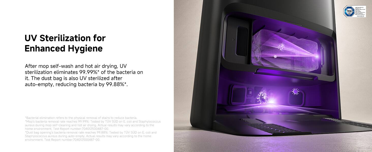 TOV

UV Sterilization for Enhanced Hygiene
After mop self-wash and hot air drying, UV sterilization eliminates 99.99%* of the bacteria on it. The dust bag is also UV sterilized after auto-empty, reducing bacteria by 99.88%*

*Bacterial elimination refers to the physical removal of stains to reduce bacteria.
"Mop's bacteria removal rate reaches 99.99% Tested by TUV SUD on E. coli and Staphylococcus aureus during mop self-cleaning and hot air drying. Actual results may vary according to the home environment. Test Report number: 704012500487-00.
*Dust bag opening's bacteria removal rate reaches 99.88% Tested by TUV SUD on E. coli and Staphylococcus aureus during auto-empty. Actual results may vary according to the home environment. Test Report number: 704012500487-00.