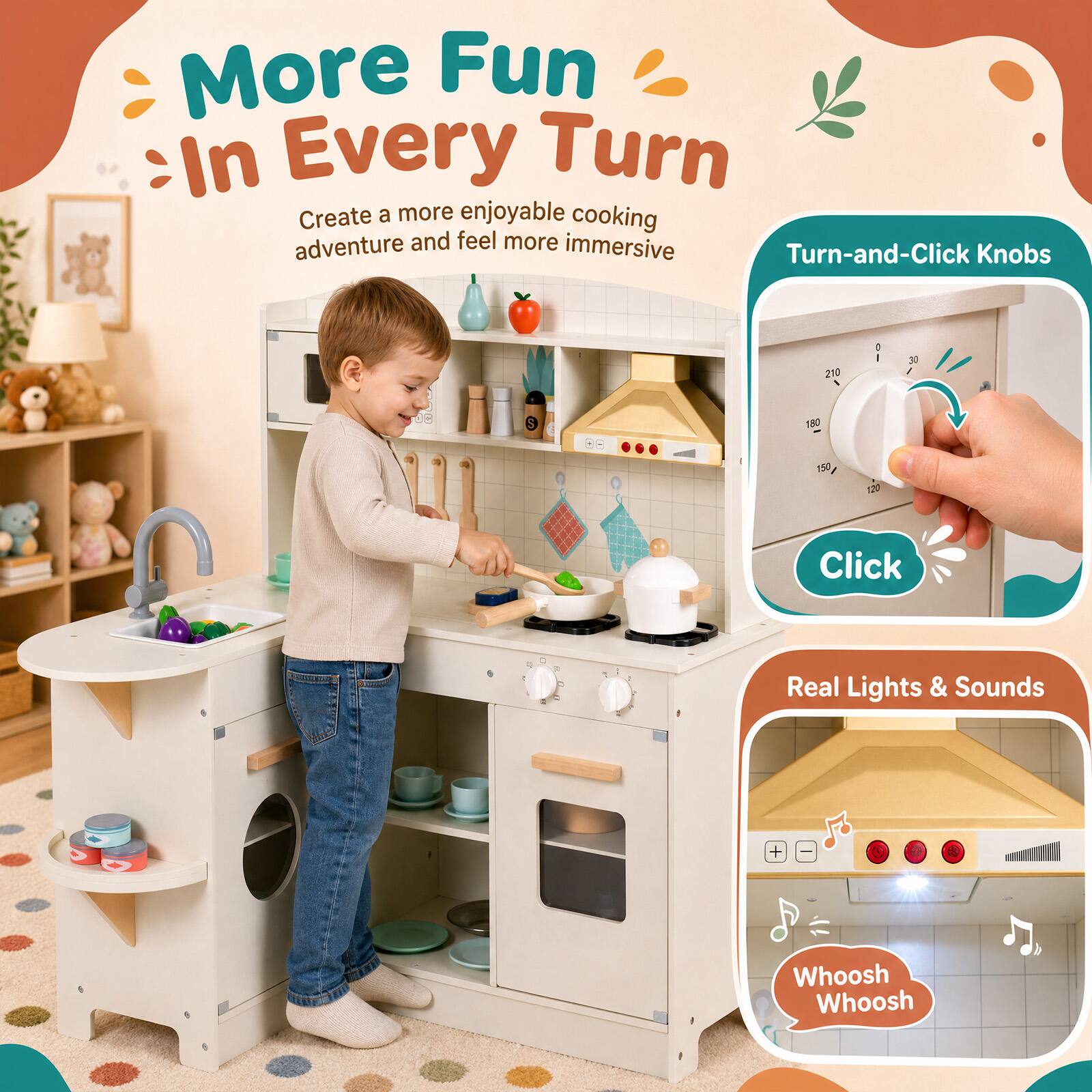 More Fun In Every Turn  
Create a more enjoyable cooking adventure and feel more immersive  

Turn-and-Click Knobs  
210  
30  
180  
Click  

Real Lights & Sounds  
Whoosh Whoosh