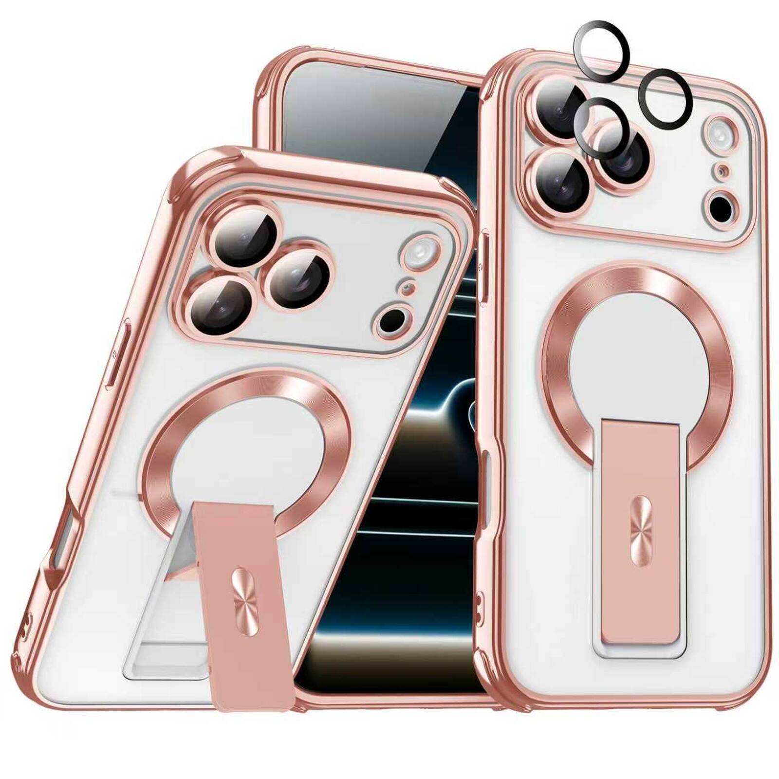 Dteck - Mag Safe Rugged Case for Apple iPhone 17 Pro Max with Foldable Stand & Built-in 9H Lens Protector Shockproof Clear Back - Rosegold