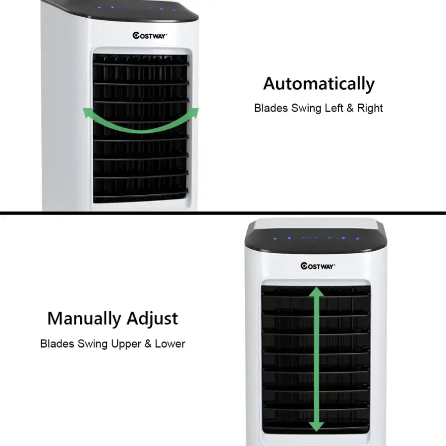 The text on the image reads: "OSTWAY Automatically Blades Swing Left & Right. Manually Adjust Blades Swing Upper & Lower."