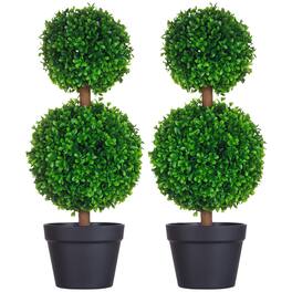 Homcom - Set of 2 23.5" Artificial Ball Boxwood Topiary Trees with Pot, Indoor Outdoor Fake Plants for Home Office & Living Room - Green