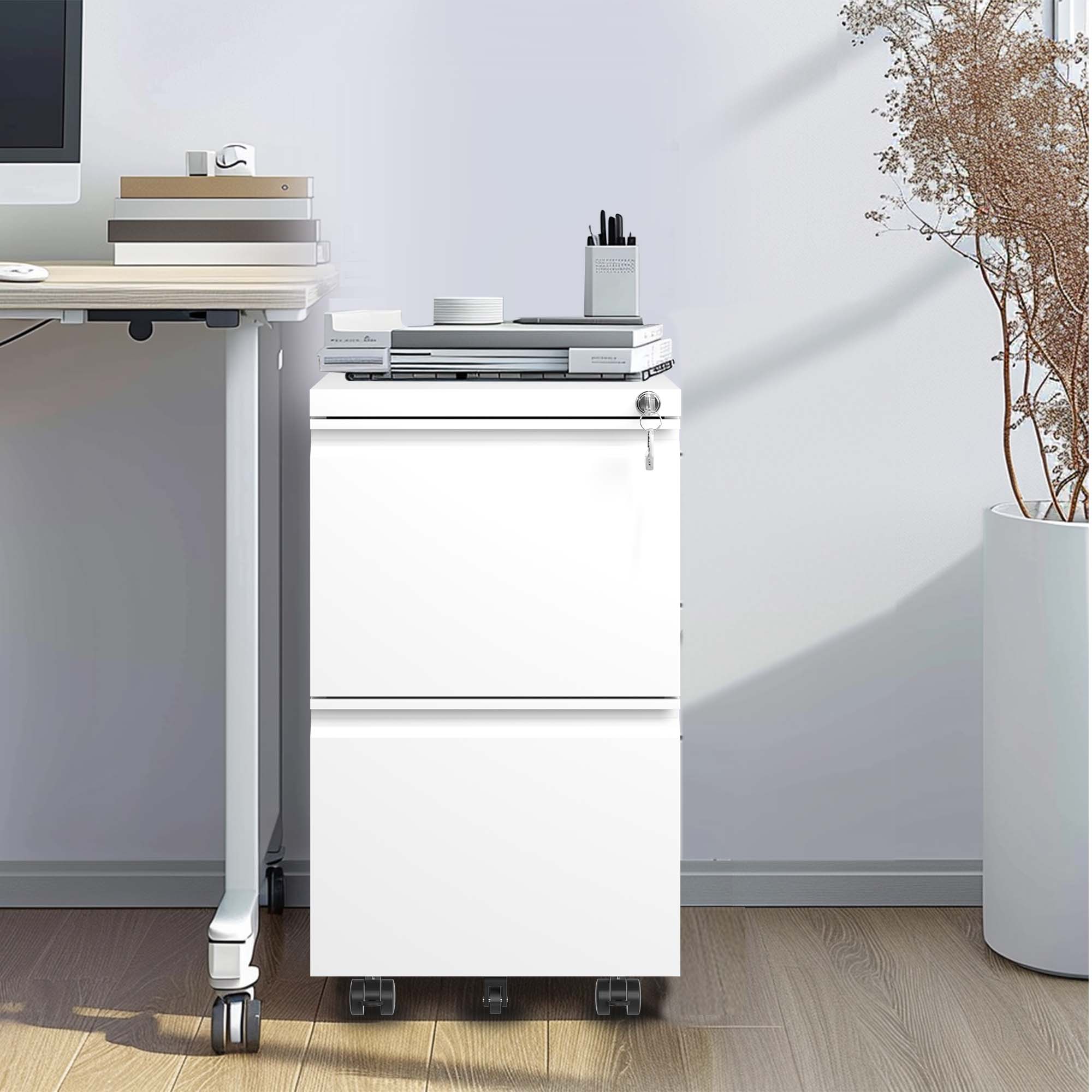 Back. Dexmalle - Dexmalle-2 Drawer Metal Mobile File Cabinet with Lock-Antique White.