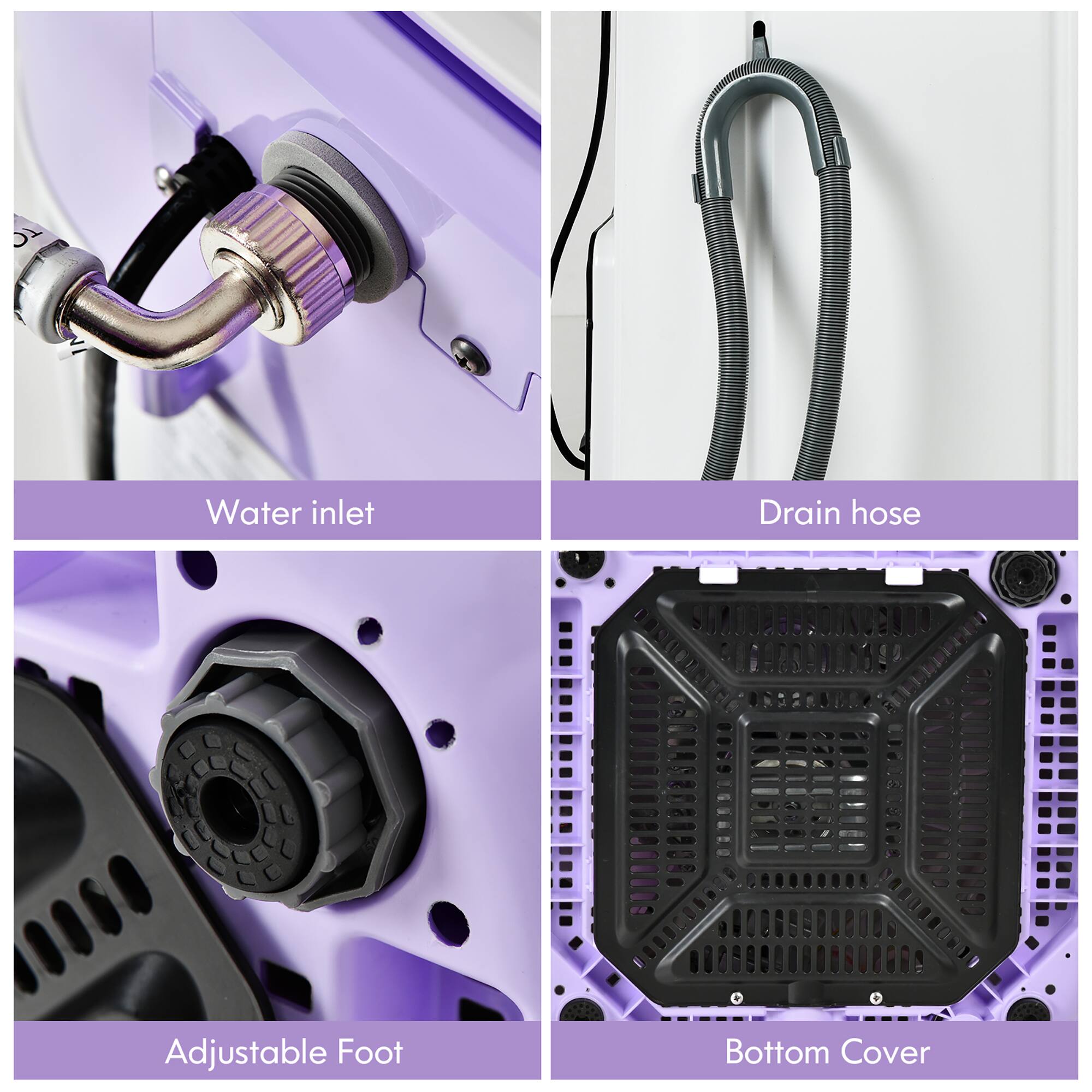 1. Water inlet
2. Drain hose
3. Adjustable Foot
4. Bottom Cover