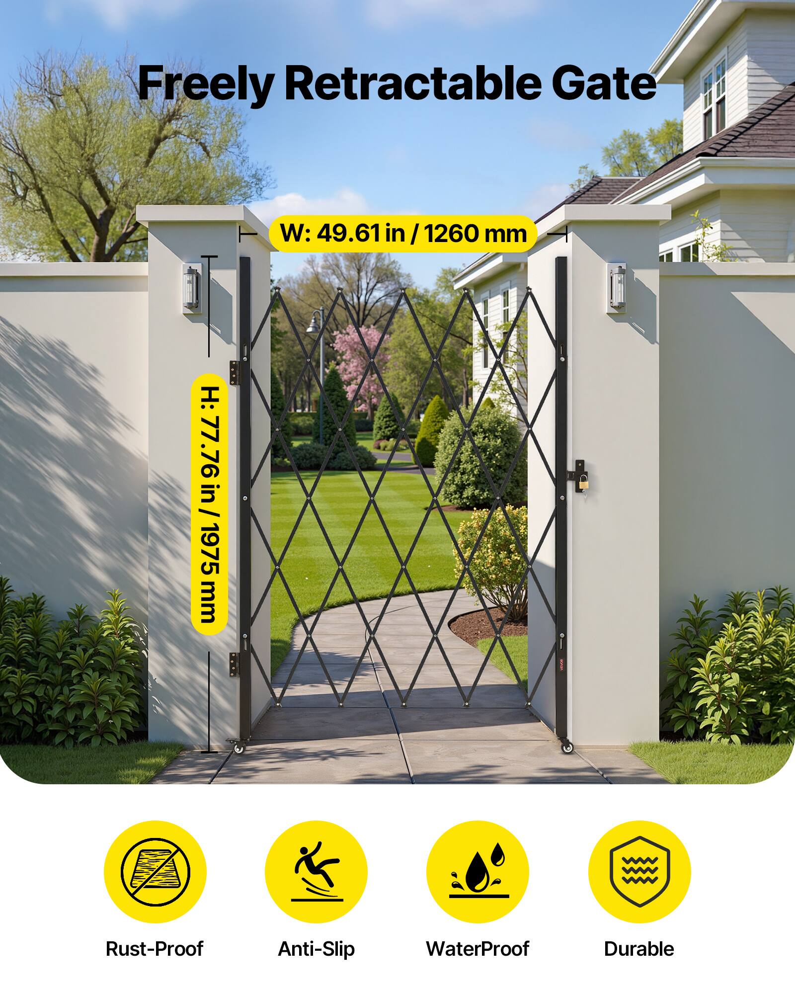 Freely Retractable Gate  
W: 49.61 in / 1260 mm  
H: 77.76 in / 1975 mm  

Rust-Proof  
Anti-Slip  
WaterProof  
Durable