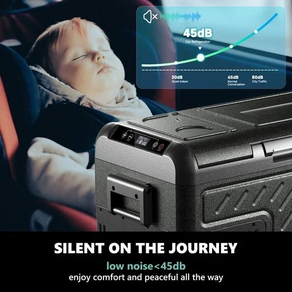 45dB Car Refrigerator  
30dB Quiet Indoor  
65dB Normal City Traffic  
80dB Conversation  

SILENT ON THE JOURNEY  
low noise <45dB  
enjoy comfort and peaceful all the way