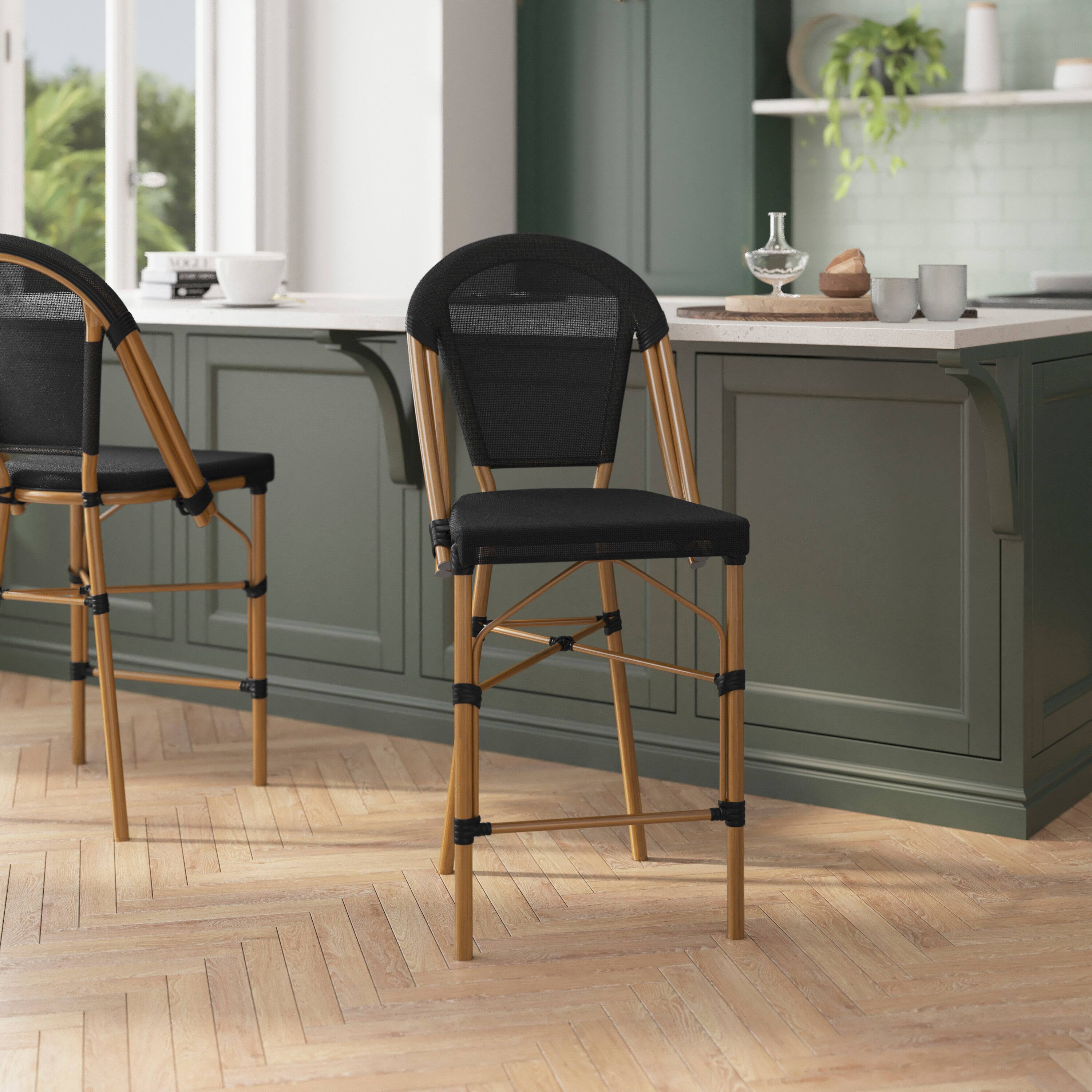 Alt View 4. Emma + Oliver - Massalia Indoor/Outdoor Bistro Style Counter Stools with Textilene Seat and Metal Frame - Black/Natural Frame.