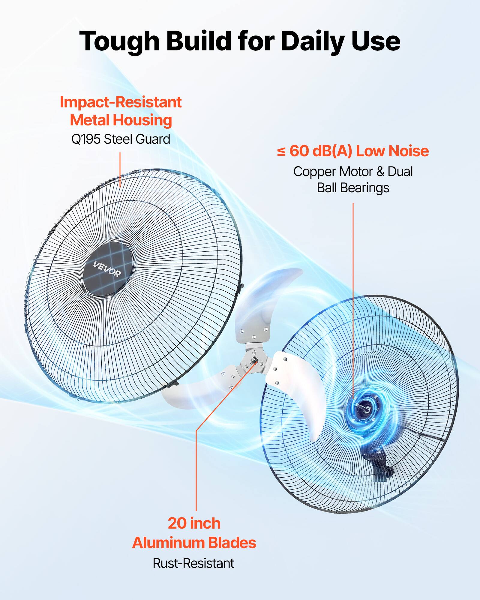 Tough Build for Daily Use

- Impact-Resistant Metal Housing
  - Q195 Steel Guard

- ≤ 60 dB(A) Low Noise
  - Copper Motor & Dual Ball Bearings

- 20 inch Aluminum Blades
  - Rust-Resistant