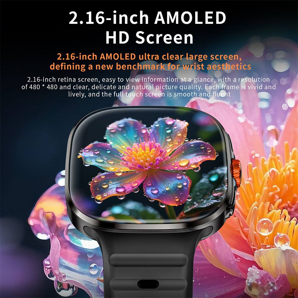 2.16-inch AMOLED HD Screen

2.16-inch AMOLED ultra clear large screen, defining a new benchmark for wrist aesthetics

2.16-inch retina screen, easy to view information at a glance, with a resolution of 480 * 480 and clear, delicate and natural picture quality. Each frame is vivid and lively, and the full touch screen is smooth and fluent