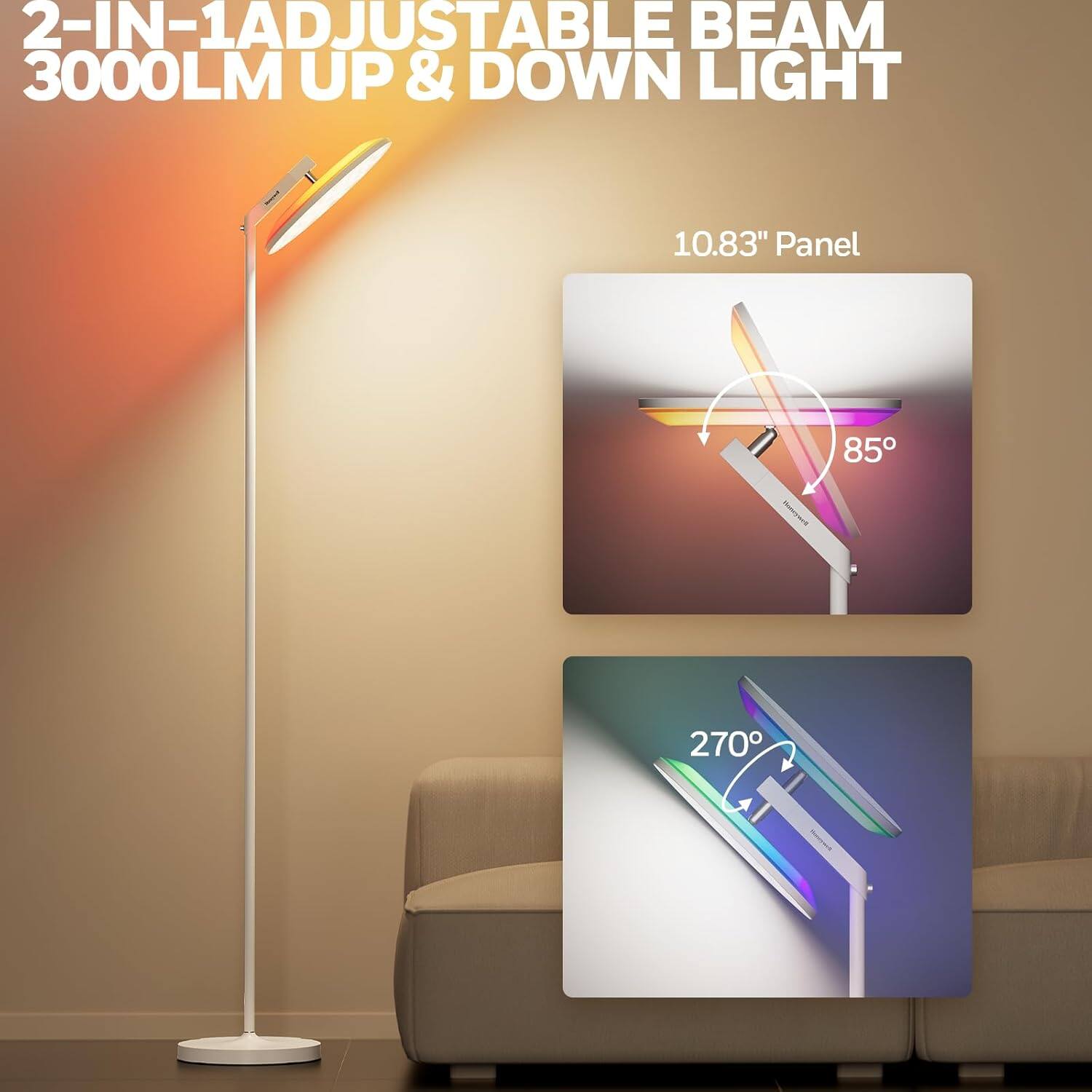 2-IN-1 ADJUSTABLE BEAM  
3000LM UP & DOWN LIGHT  

10.83" Panel  

85°  

270°