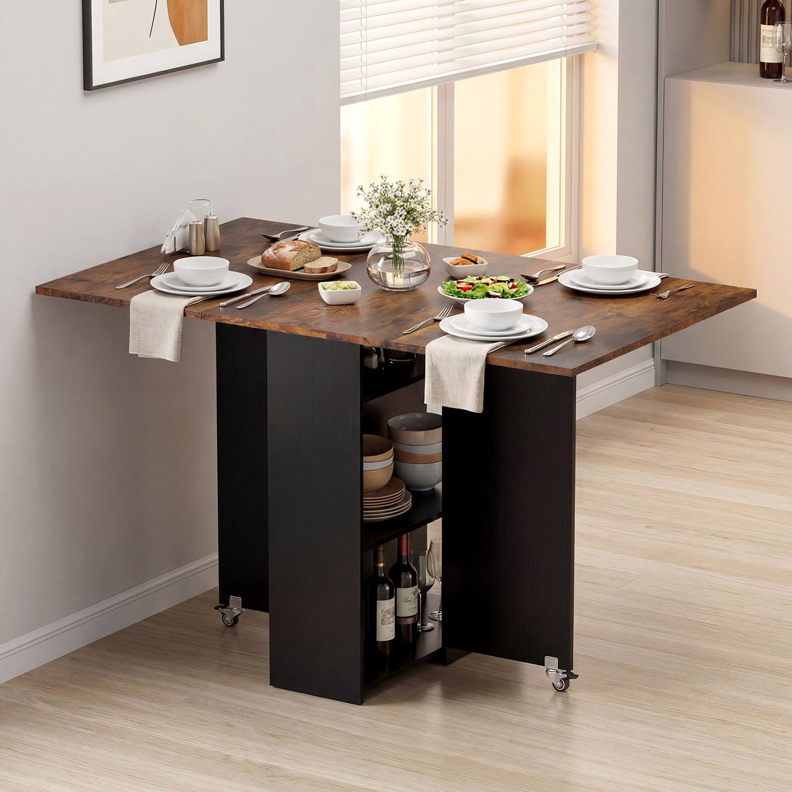 Alt View 1. Gymax - Gymax Folding Dining Table w/2 Open Shelves & Drawer 2 Lockable Universal Wheels Industrial & Black - Brown.