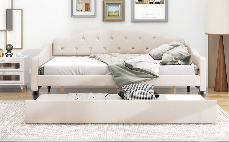 Alt View 2. Tiramisubest - Full Size Upholstered Tufted Daybed with Twin Size Trundle, Beige - Beige.