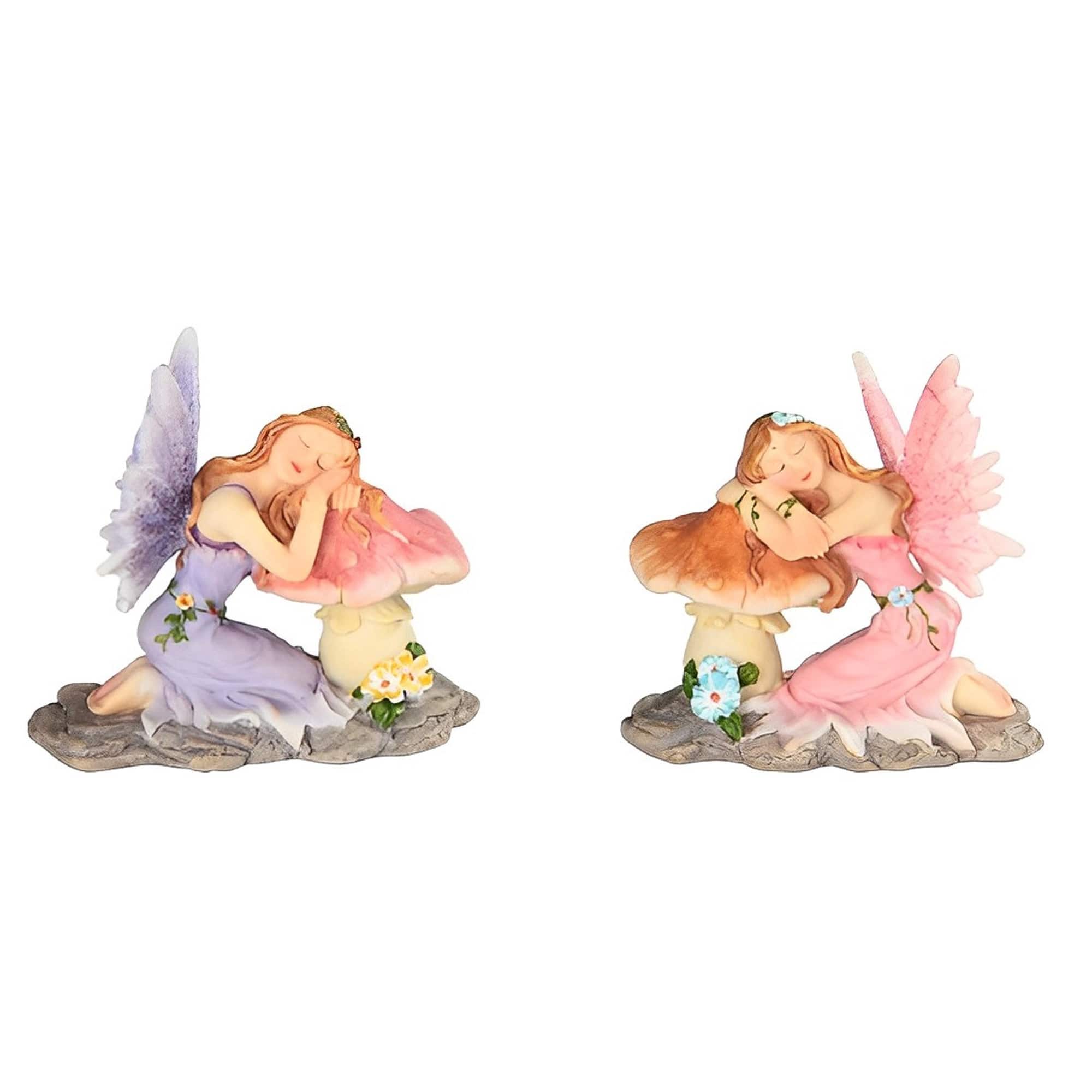 FC Design - 2-PC Fairy Sleeping on Mushroom 3"H Figurine Set Computer Desk Tabletop Home Decor Gift - Multi-Color