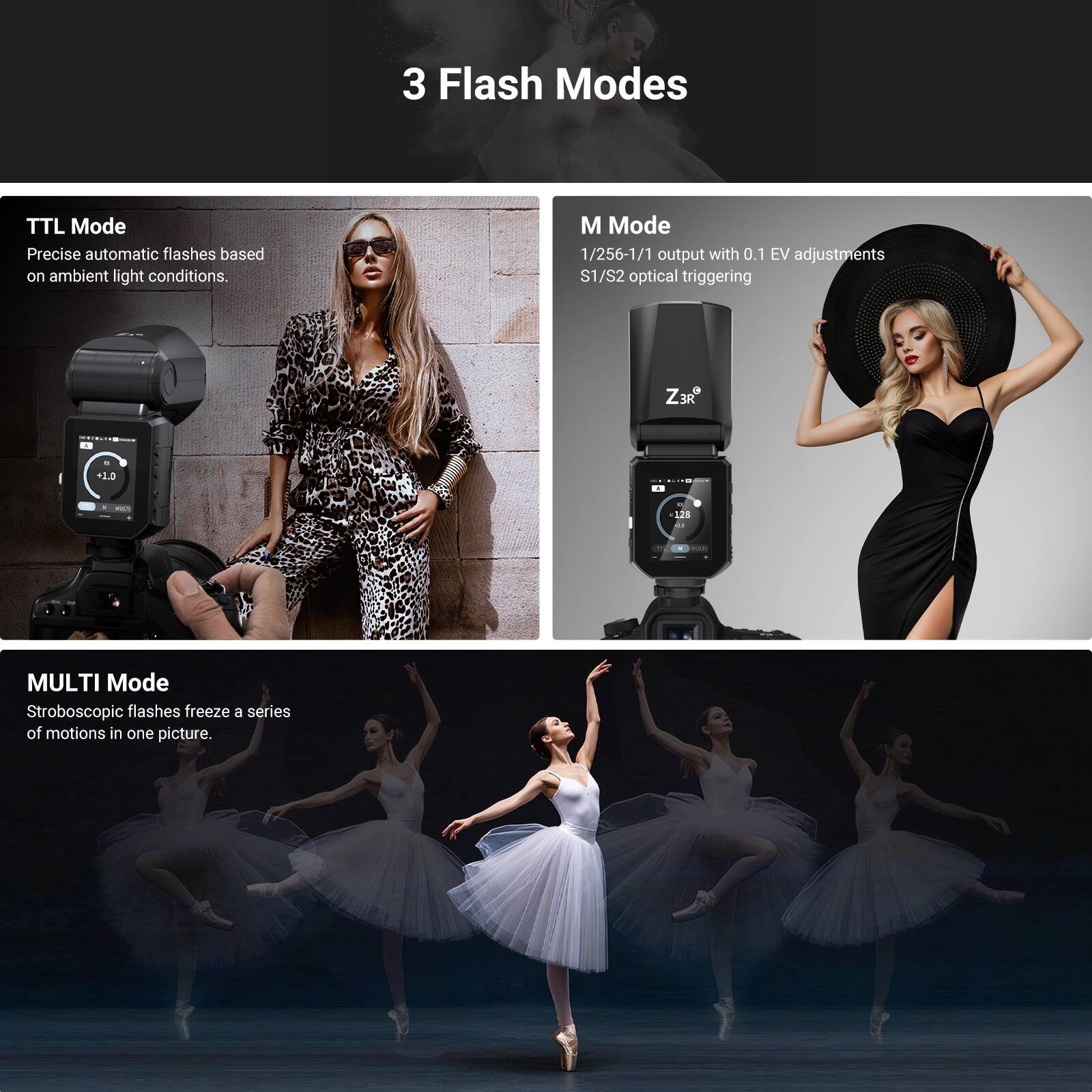 3 Flash Modes

TTL Mode
Precise automatic flashes based on ambient light conditions.

M Mode
1/256-1/1 output with 0.1 EV adjustments
S1/S2 optical triggering

MULTI Mode
Stroboscopic flashes freeze a series of motions in one picture.