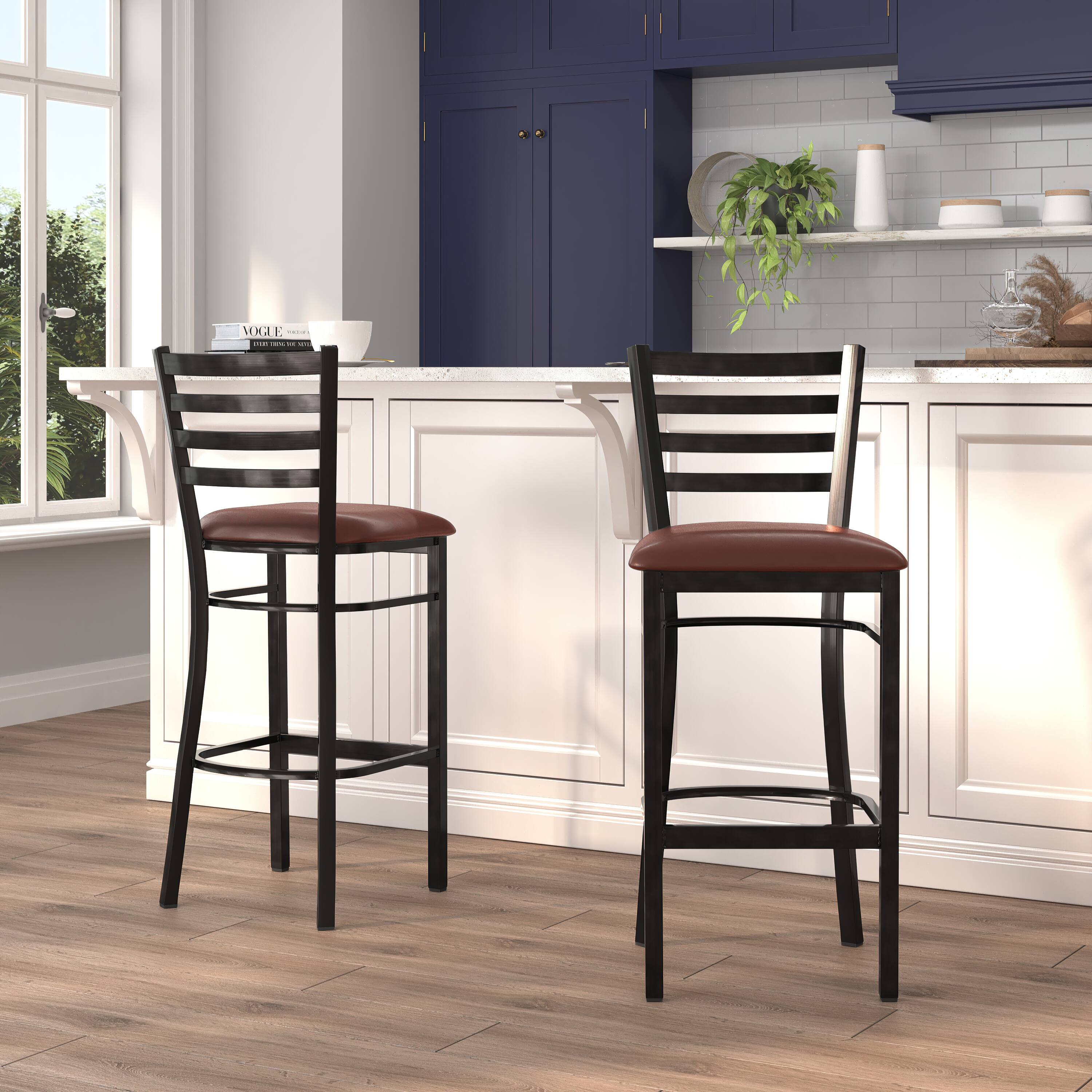 Alt View 1. Emma + Oliver - 2 Pack Ladder Back Metal Restaurant Barstool - Burgundy Vinyl Seat/Black Metal Frame.