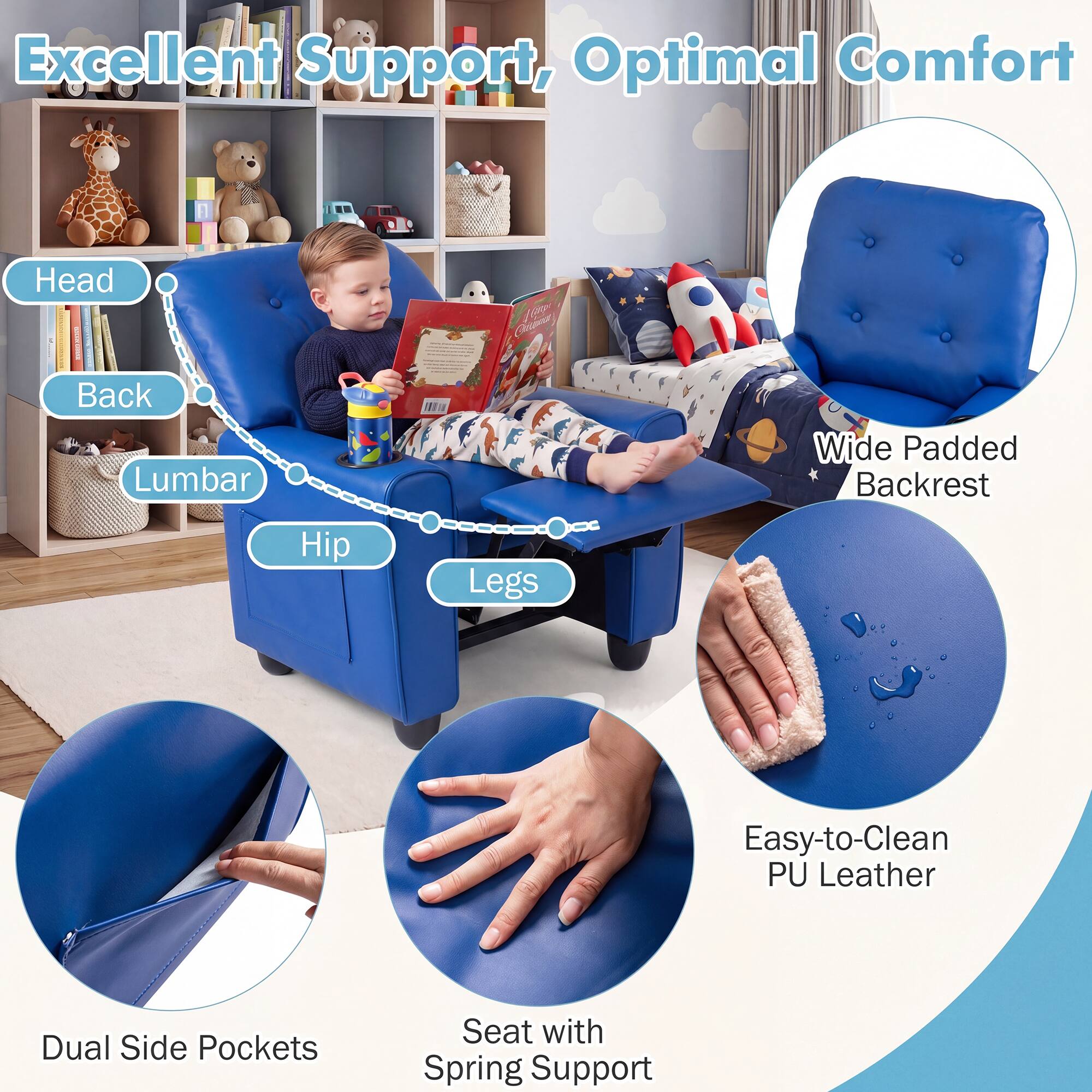 Excellent Support, Optimal Comfort

Head
Back
Lumbar
Hip
Legs

Wide Padded Backrest

Easy-to-Clean PU Leather

Dual Side Pockets

Seat with Spring Support