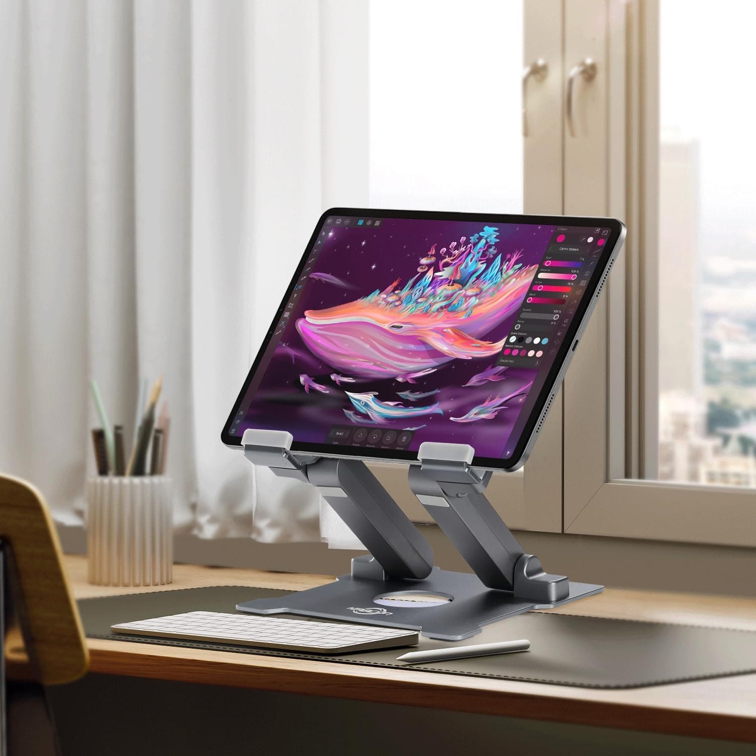 Alt View 2. FINEAK - Adjustable Aluminum Tablet Stand 7-13.5" - Fits iPad, Surface Pro, Fire HD 10, Galaxy Tab - Gray.