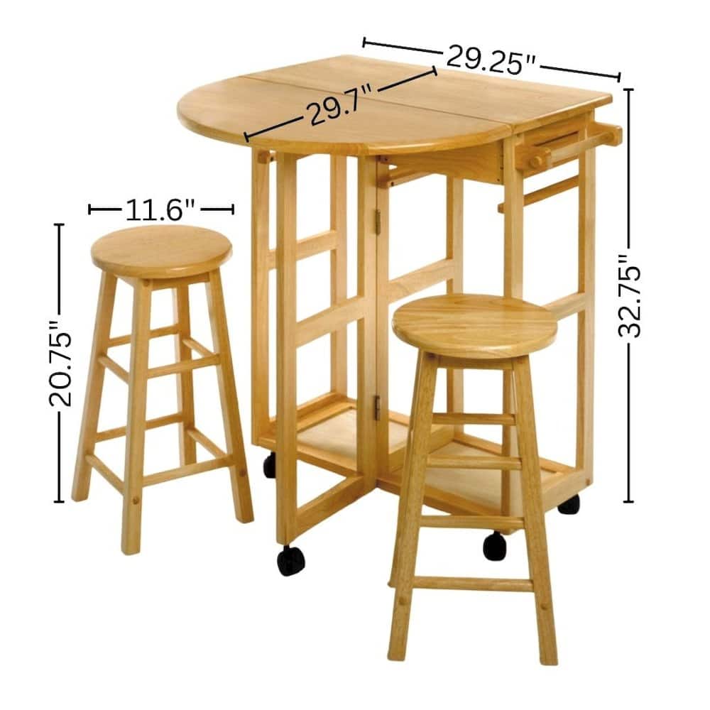 FurniFact - 3-Pc Solid Wood Space Saver Dining Set with Drop Leaf Table - Natural