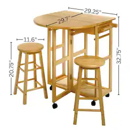 FurniFact - 3-Pc Solid Wood Space Saver Dining Set with Drop Leaf Table - Natural