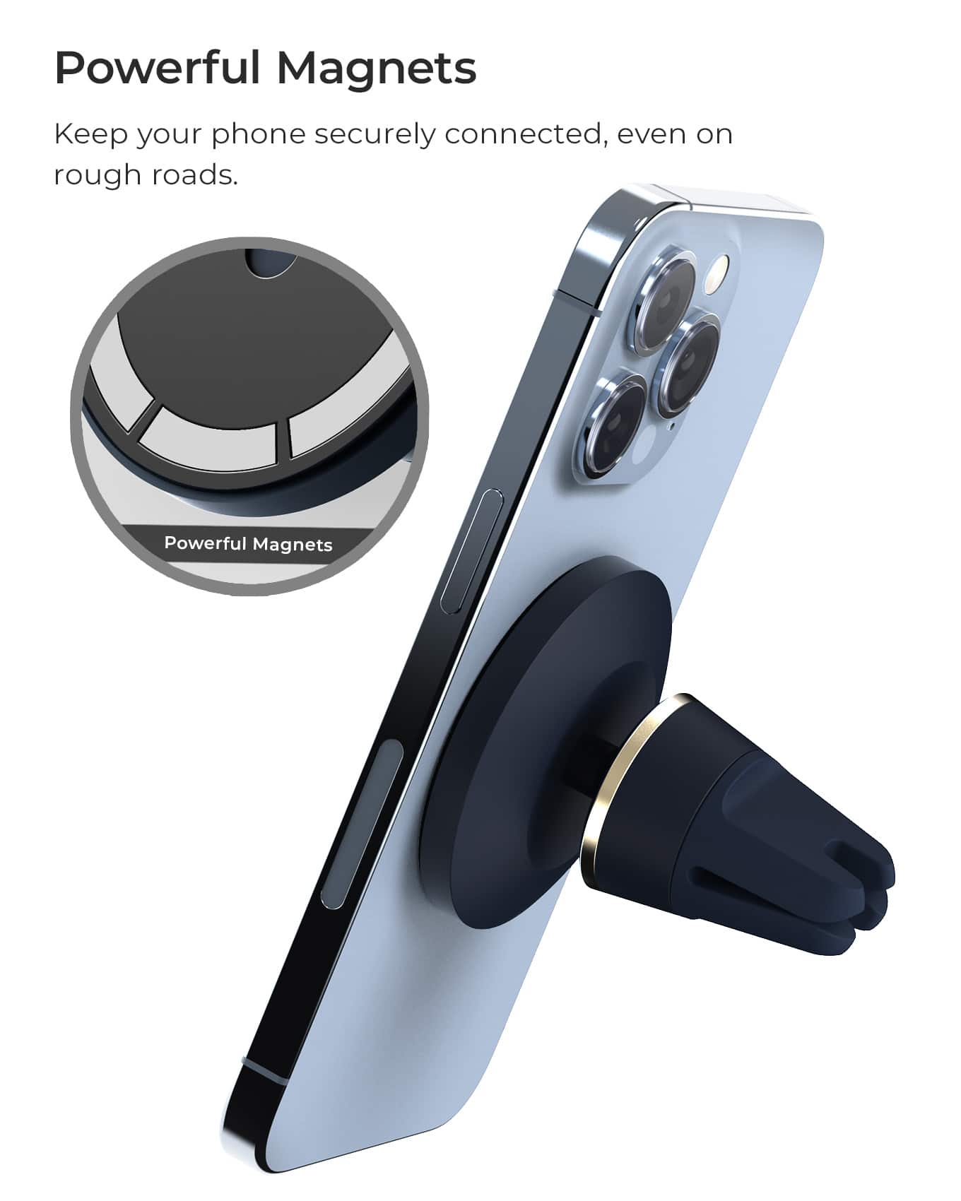 The text on the image reads: "Powerful Magnets Keep your phone securely connected, even on rough roads."