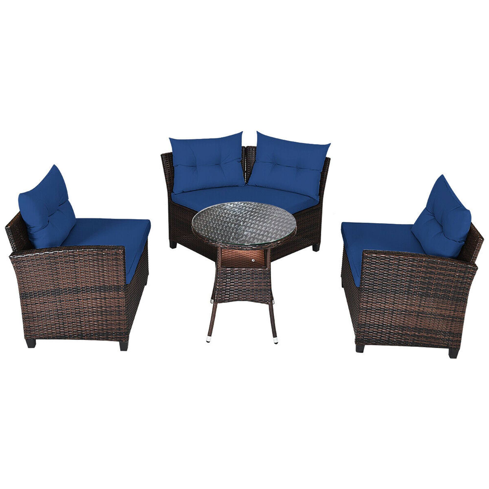 Alt View 4. Gymax - Gymax 4PCS Patio Furniture Set Outdoor Rattan Sectional Sofa Set w/ Navy Cushions - Navy.