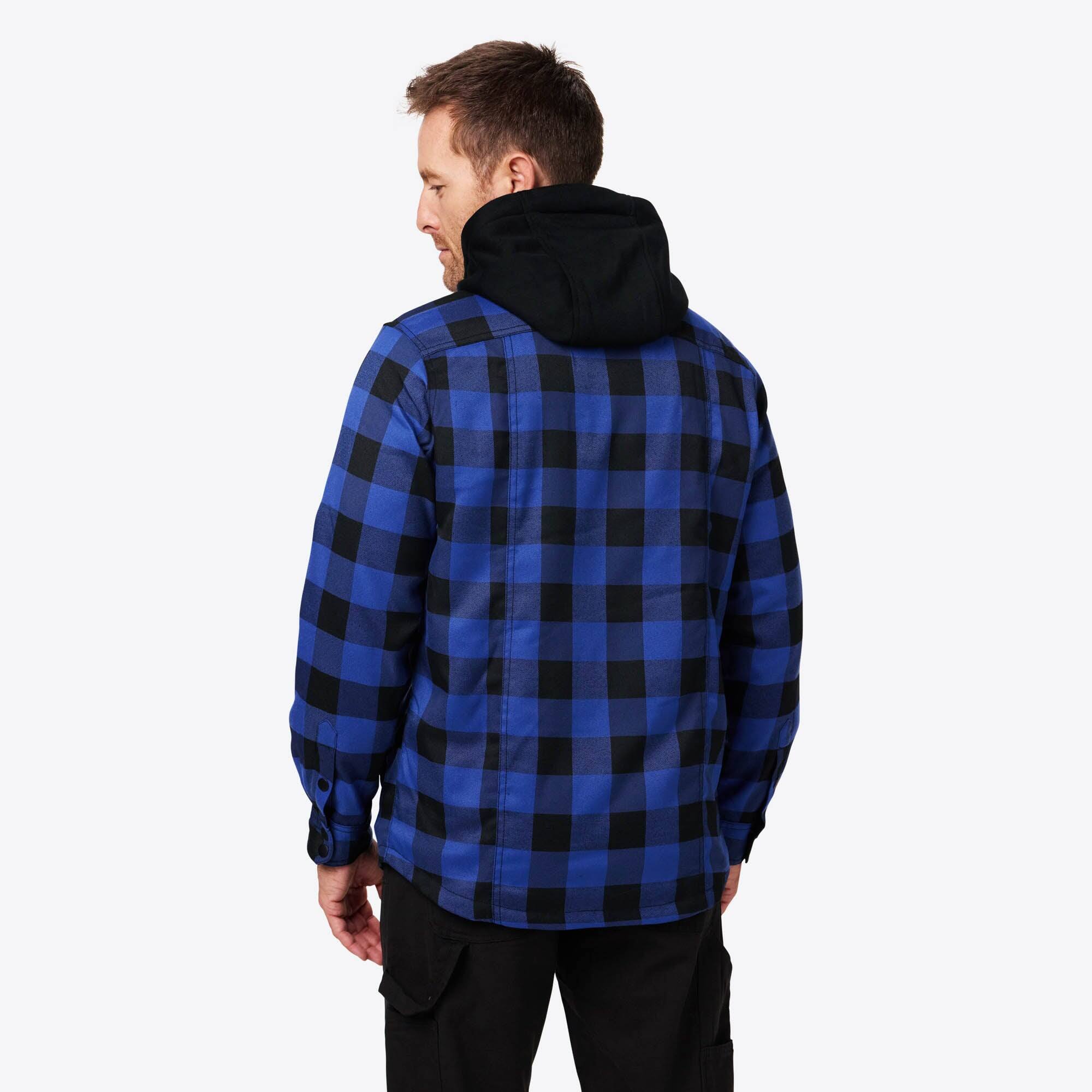 Back. Mobile Warming - App Controlled Men's Flannel Heated Hoodie Jacket - Black/Blue.