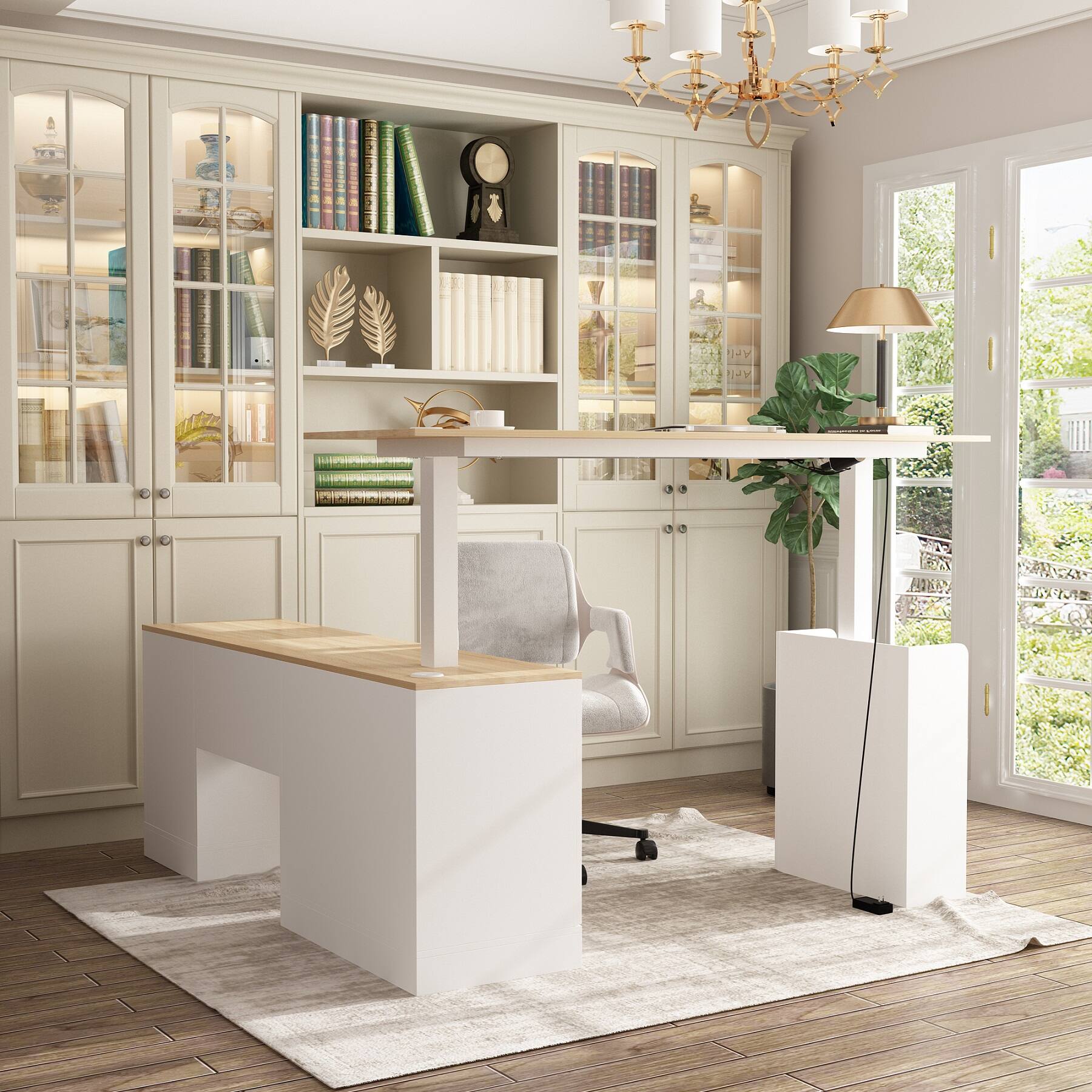 Back. Famapy - L-Shaped Electric Standing Desk with Storage - Height Adjustable Corner Desk with Drawers & Cabinet for Home Office - White & Wooden.