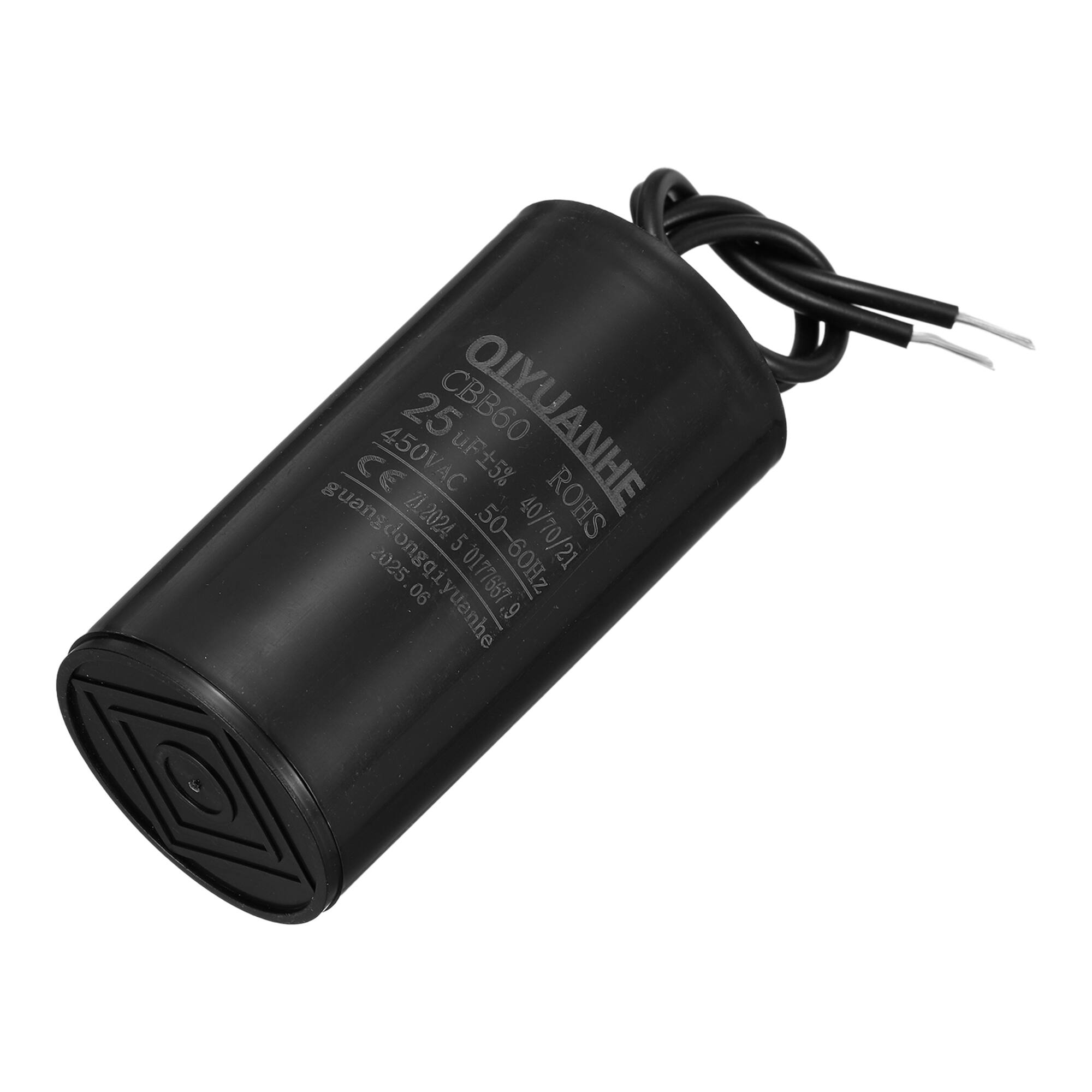 25 CBB60  
QUYUANHE  
450VAC  
25 uF ±5%  
50-60Hz  
ROHS  
guangdongqiyuanhe  
2025 06  
0177667  
40/70/21