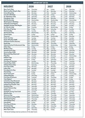 **IMPORTANT DATES**

**HOLIDAY** | **2026** | **2027** | **2028**

- New Year's Day | Jan 1, Thursday | Jan 1, Friday | Jan 1, Sunday
- Martin Luther King Jr. Day | Jan 2, Monday | Jan 2, Monday | Jan 1, Monday
- Groundhog Day | Feb 2, Monday | Feb 2, Tuesday | Feb 2, Wednesday
- Lincoln's Birthday | Feb 12, Thursday | Feb 14, Sunday | Feb 12, Sunday
- St. Valentine's Day | Feb 14, Monday | Feb 14, Monday | Feb 14, Monday
- President's Day | Feb 20, Monday | Feb 20, Monday | Feb 12, Monday
- Ash Wednesday | Feb 22, Wednesday | Feb 21, Wednesday | Feb 21, Wednesday
- Washington's Birthday | Feb 20, Wednesday | Feb 20, Monday | Feb 20, Monday
- Orthodox Lent Begins | Feb 21, Monday | Feb 20, Monday | Feb 