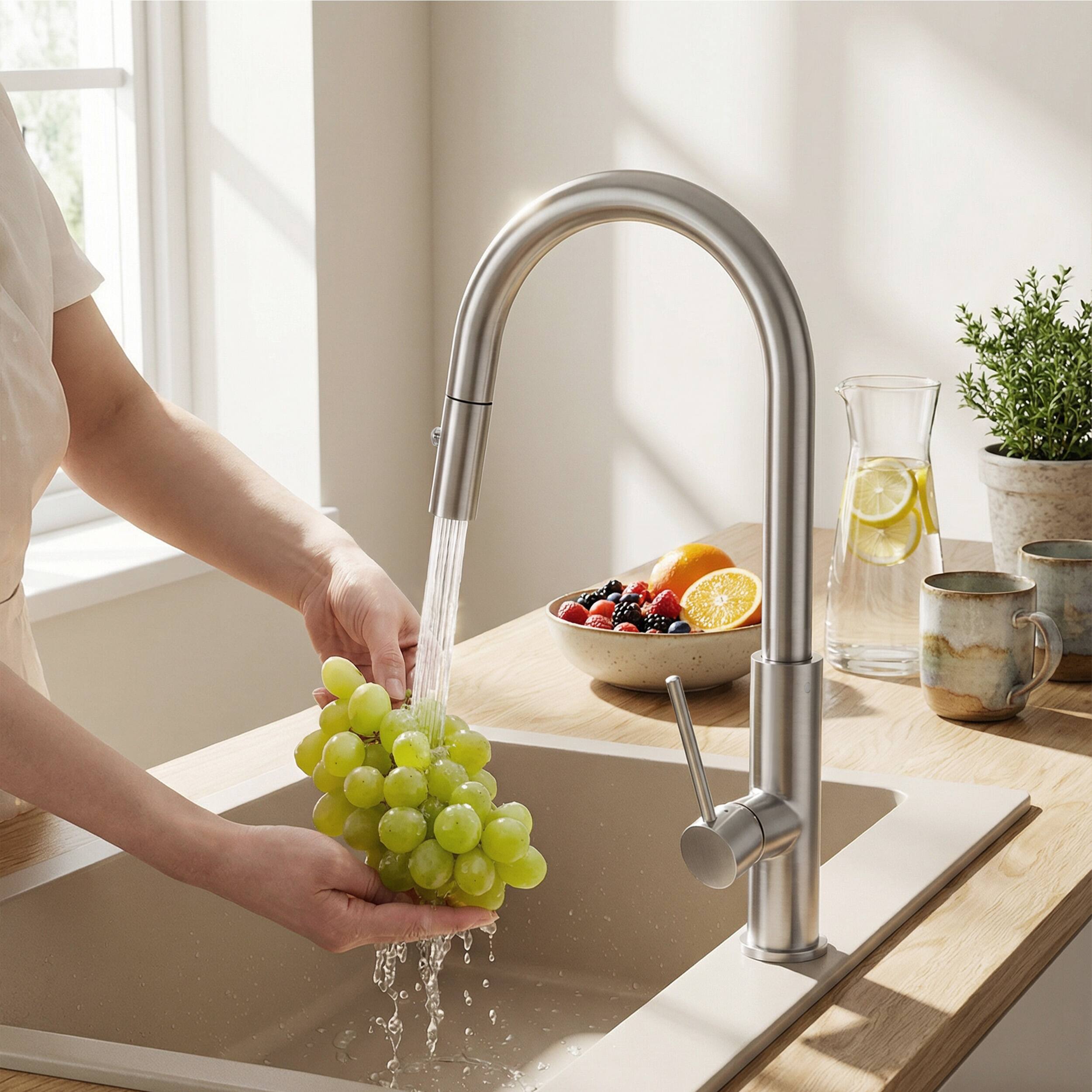 Alt View 7. Akicon - Akicon Dual-Function Pull Down Sprayer Stainless Steel Kitchen Faucet without Deck Plate in Brushed Nickel - Brushed Nickel.