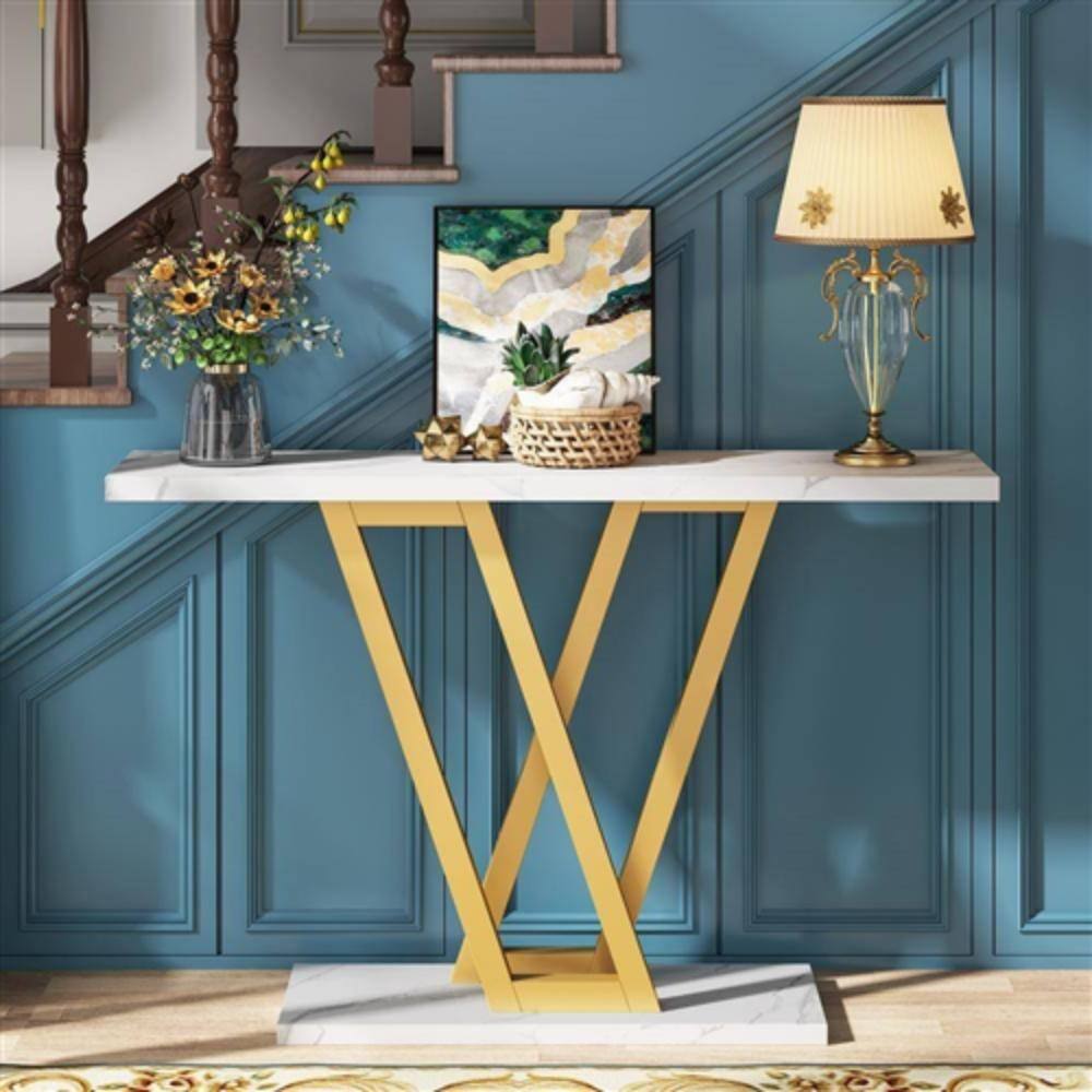 Alt View 1. Hivvago - Modern Industrial Console Table with Faux White Marble Top and Gold Frame - White, Gold.